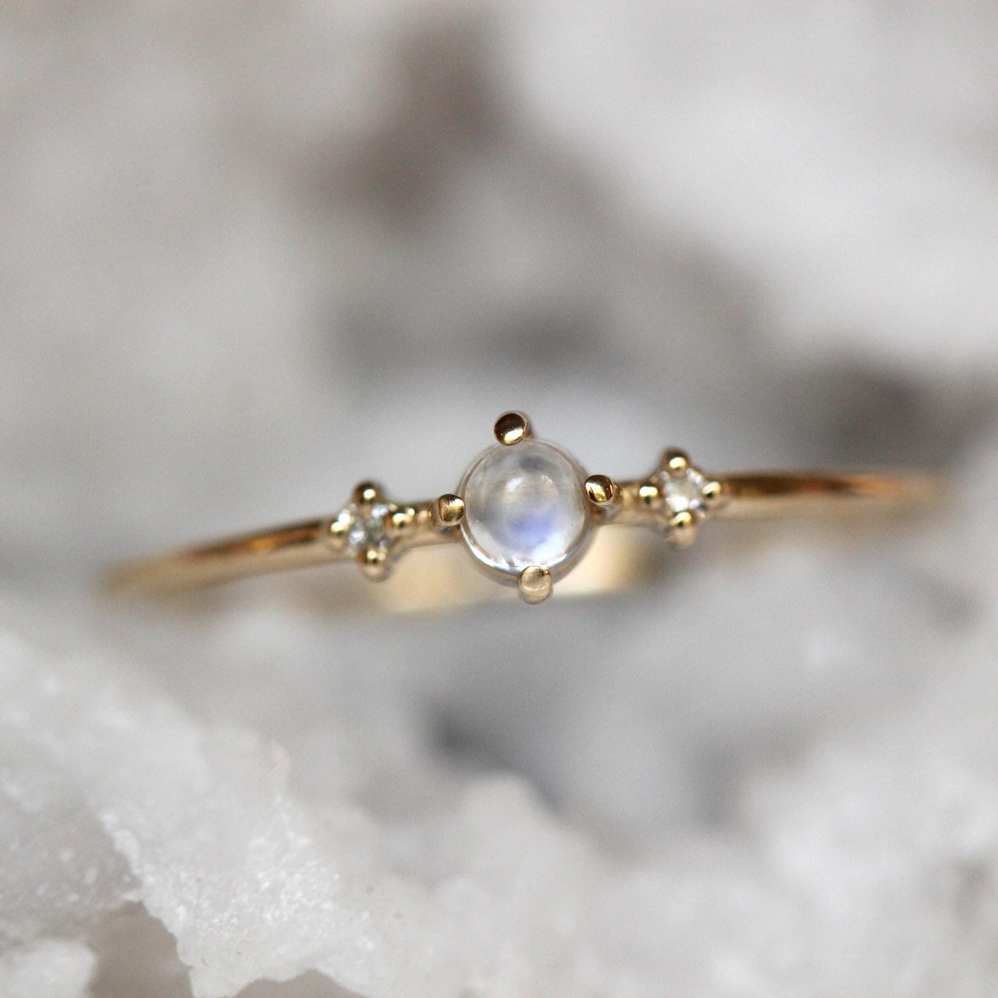 14K Gold Moonstone Diamond Ring, "Moonlight Drive" Ring, Moonstone Ring, Dainty Ring, Smooth Moonstone, Rainbow Moonstone, Blue Flash, 10K
