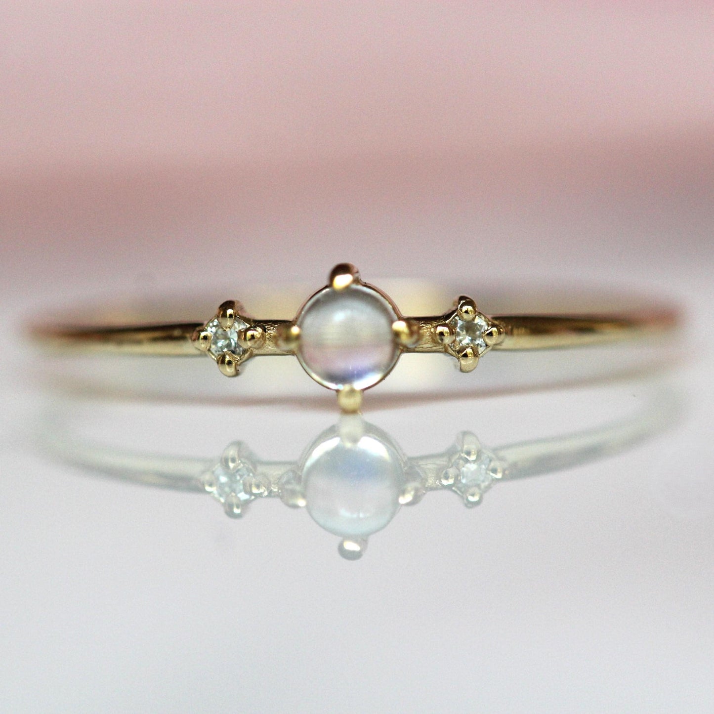 14K Gold Moonstone Diamond Ring, "Moonlight Drive" Ring, Moonstone Ring, Dainty Ring, Smooth Moonstone, Rainbow Moonstone, Blue Flash, 10K