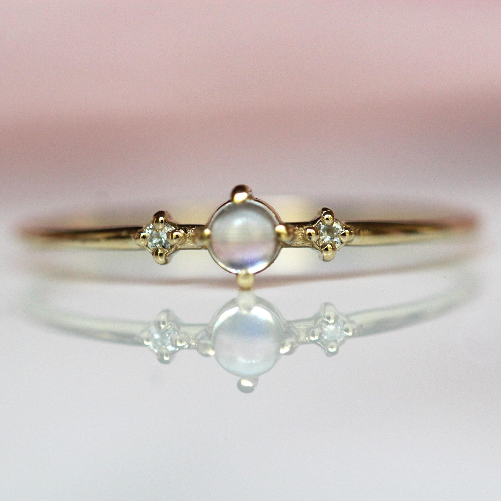 14K Gold Moonstone Diamond Ring, "Moonlight Drive" Ring, Moonstone Ring, Dainty Ring, Smooth Moonstone, Rainbow Moonstone, Blue Flash, 10K