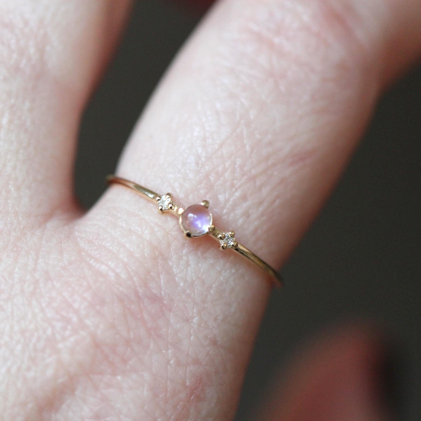 14K Gold Moonstone Diamond Ring, "Moonlight Drive" Ring, Moonstone Ring, Dainty Ring, Smooth Moonstone, Rainbow Moonstone, Blue Flash, 10K