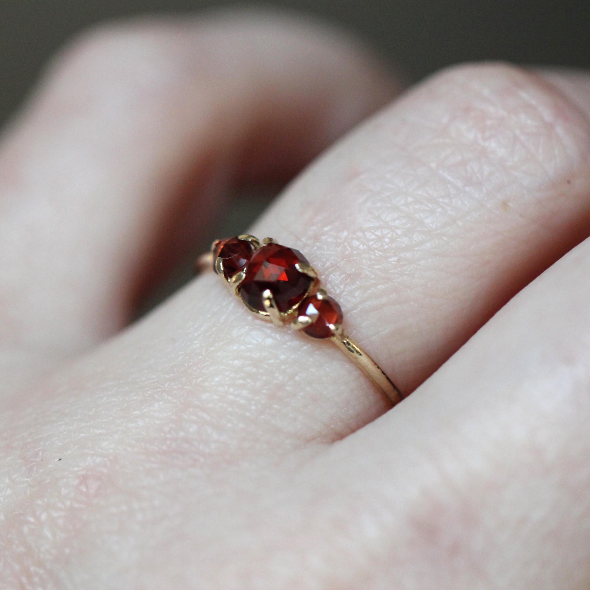 14K Gold Garnet Ring, Three Stone Ring, Rose Cut Garnet, 10K January Birthstone, Triple Stone Ring, Red Stone, Rose-cut Stone