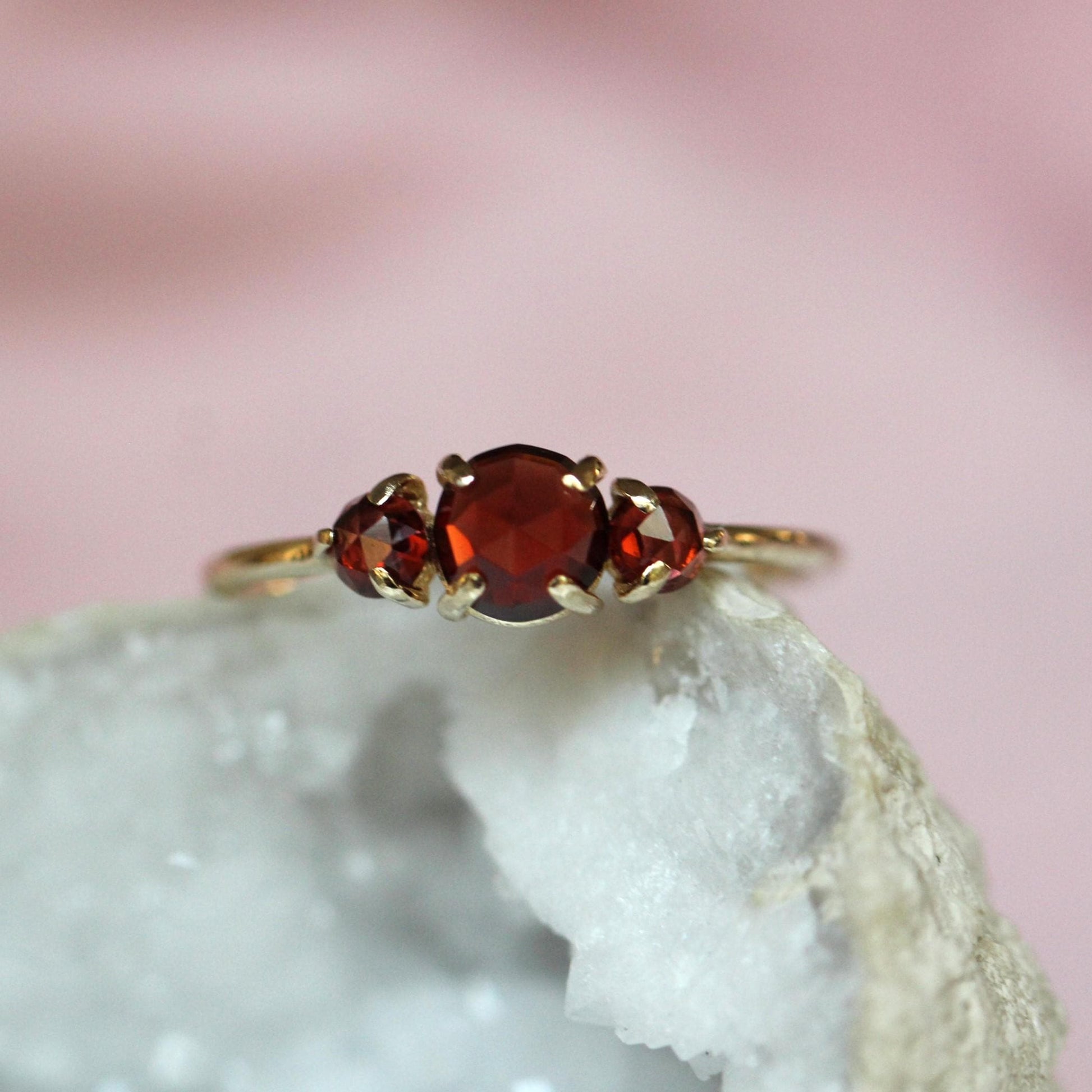14K Gold Garnet Ring, Three Stone Ring, Rose Cut Garnet, 10K January Birthstone, Triple Stone Ring, Red Stone, Rose-cut Stone