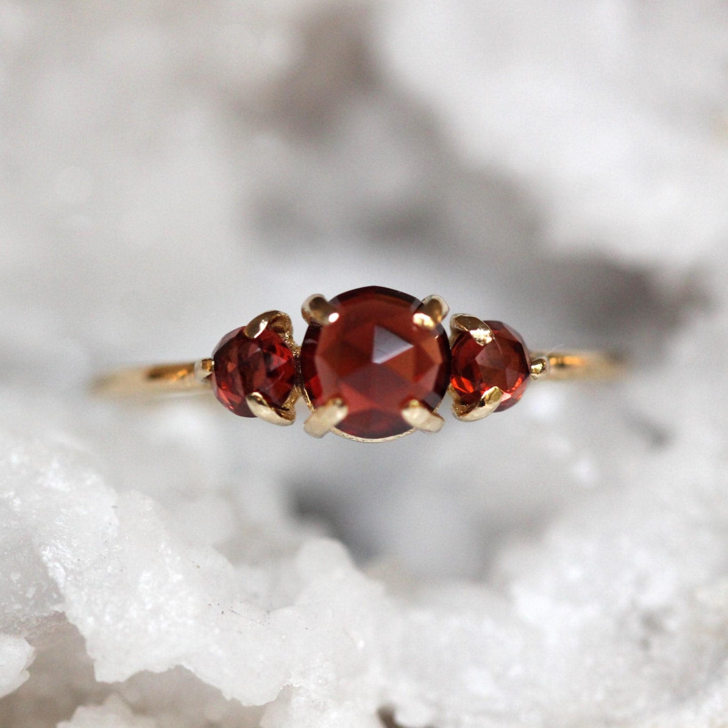 14K Gold Garnet Ring, Three Stone Ring, Rose Cut Garnet, 10K January Birthstone, Triple Stone Ring, Red Stone, Rose-cut Stone