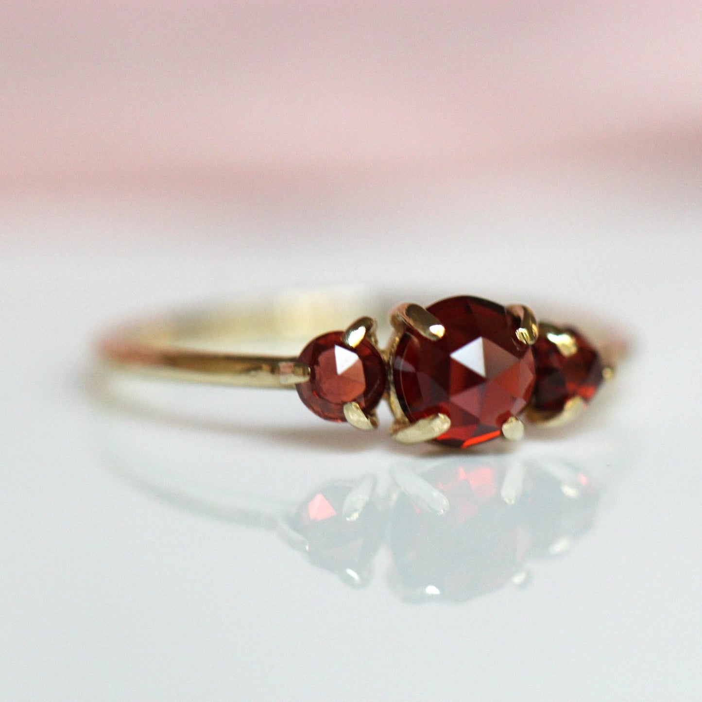 14K Gold Garnet Ring, Three Stone Ring, Rose Cut Garnet, 10K January Birthstone, Triple Stone Ring, Red Stone, Rose-cut Stone