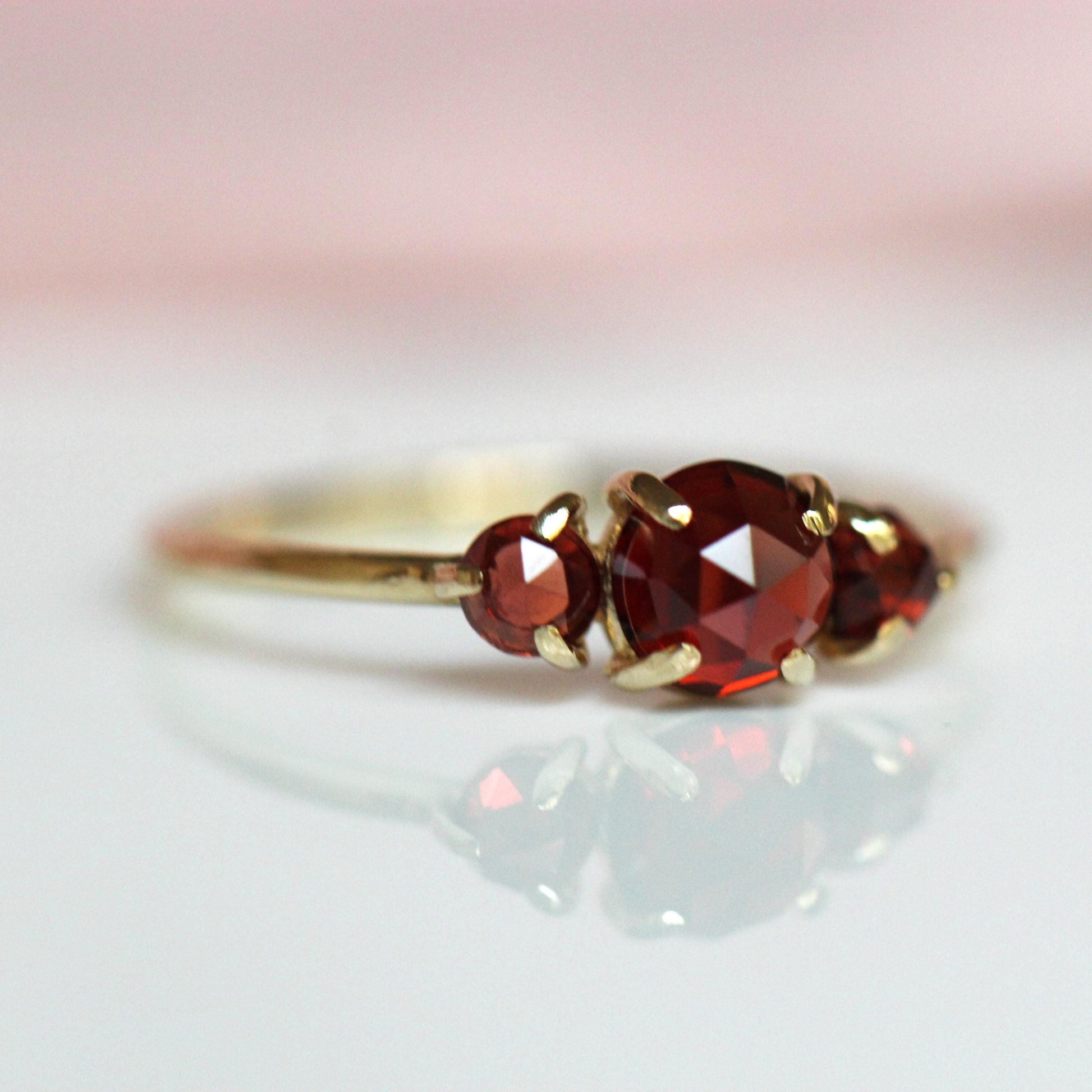 14K Gold Garnet Ring, Three Stone Ring, Rose Cut Garnet, 10K January Birthstone, Triple Stone Ring, Red Stone, Rose-cut Stone