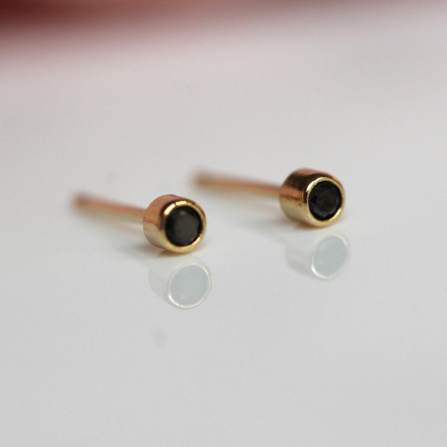 14K Gold Black Diamond Bezel Studs, Second Hold Stud, Diamond Earrings, Everyday Wear, Solid Gold, Post Studs, Round Stone, Tube Bezel Stud