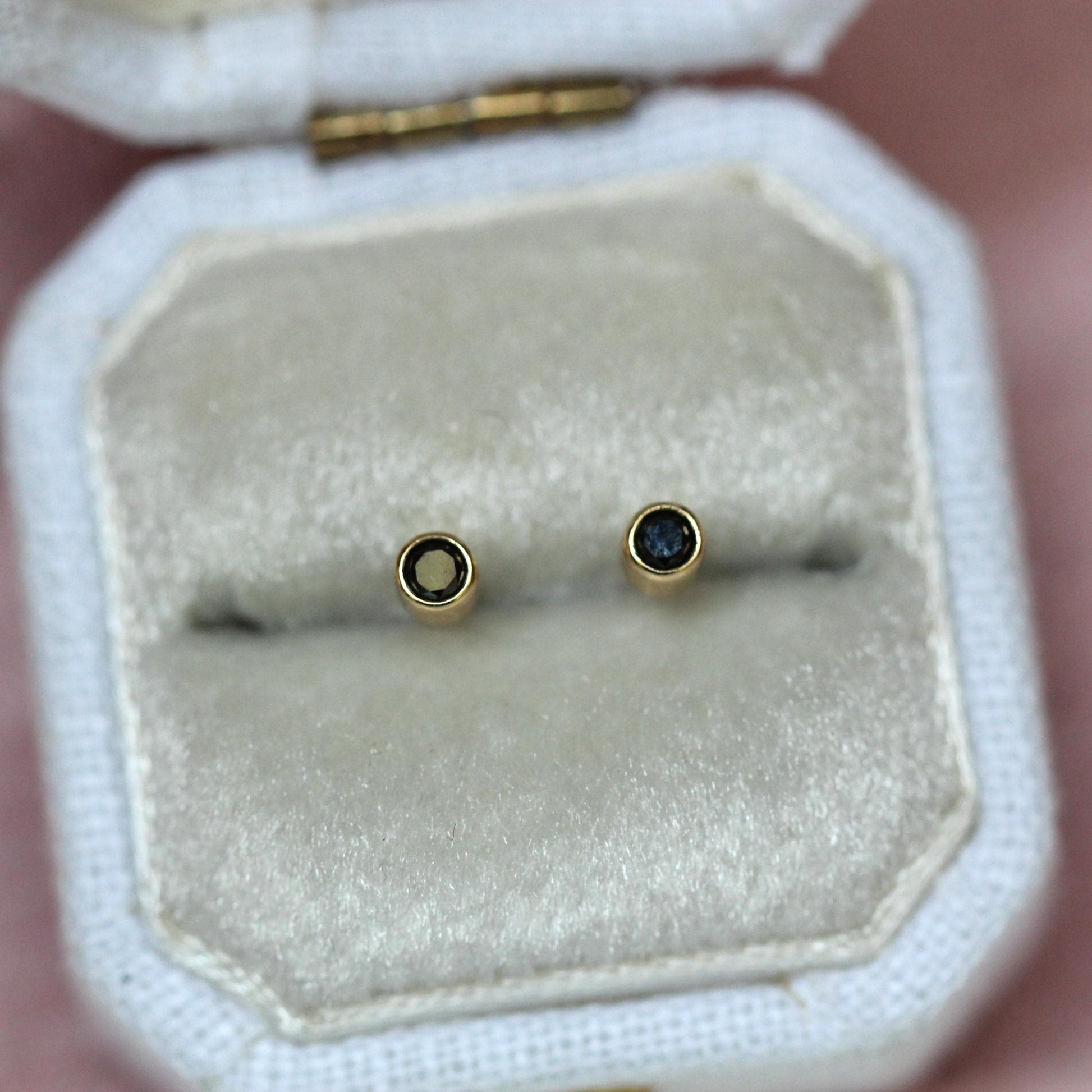 14K Gold Black Diamond Bezel Studs, Second Hold Stud, Diamond Earrings, Everyday Wear, Solid Gold, Post Studs, Round Stone, Tube Bezel Stud