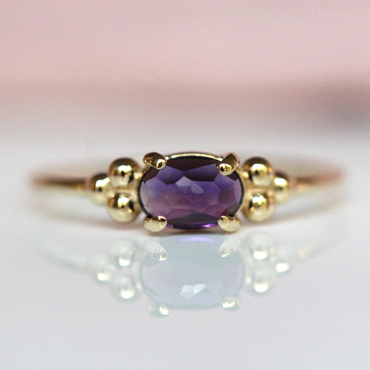14K Triple Bead Amethyst Ring, Oval Amethyst, Gemstone Ring, February Birthstone, Purple Stone, Accented Ring, Oval Gemstone, 10K, Rose-cut