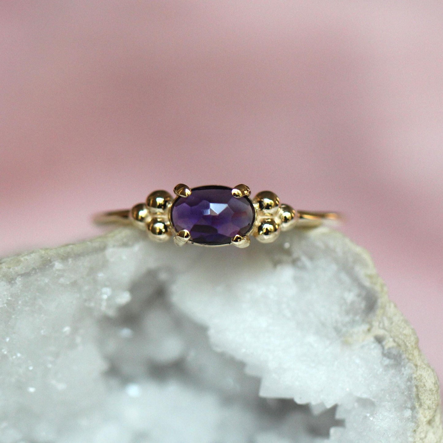 14K Triple Bead Amethyst Ring, Oval Amethyst, Gemstone Ring, February Birthstone, Purple Stone, Accented Ring, Oval Gemstone, 10K, Rose-cut