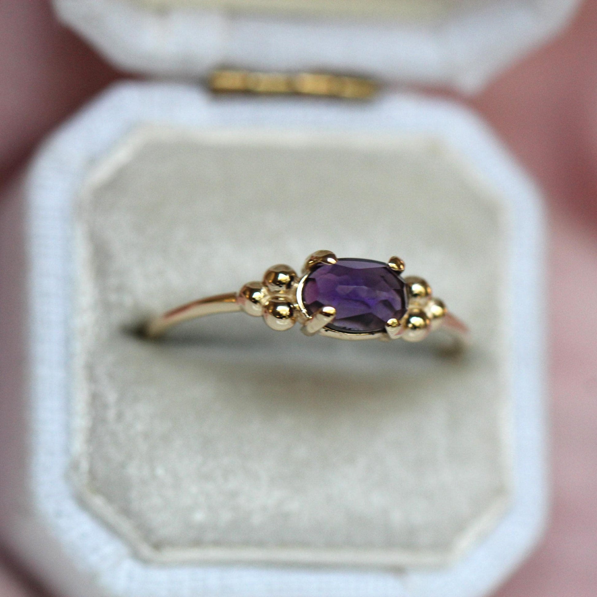 14K Triple Bead Amethyst Ring, Oval Amethyst, Gemstone Ring, February Birthstone, Purple Stone, Accented Ring, Oval Gemstone, 10K, Rose-cut