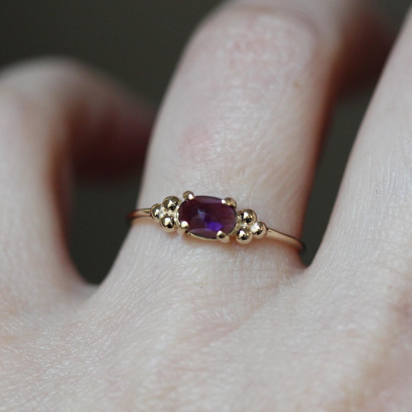 14K Triple Bead Amethyst Ring, Oval Amethyst, Gemstone Ring, February Birthstone, Purple Stone, Accented Ring, Oval Gemstone, 10K, Rose-cut