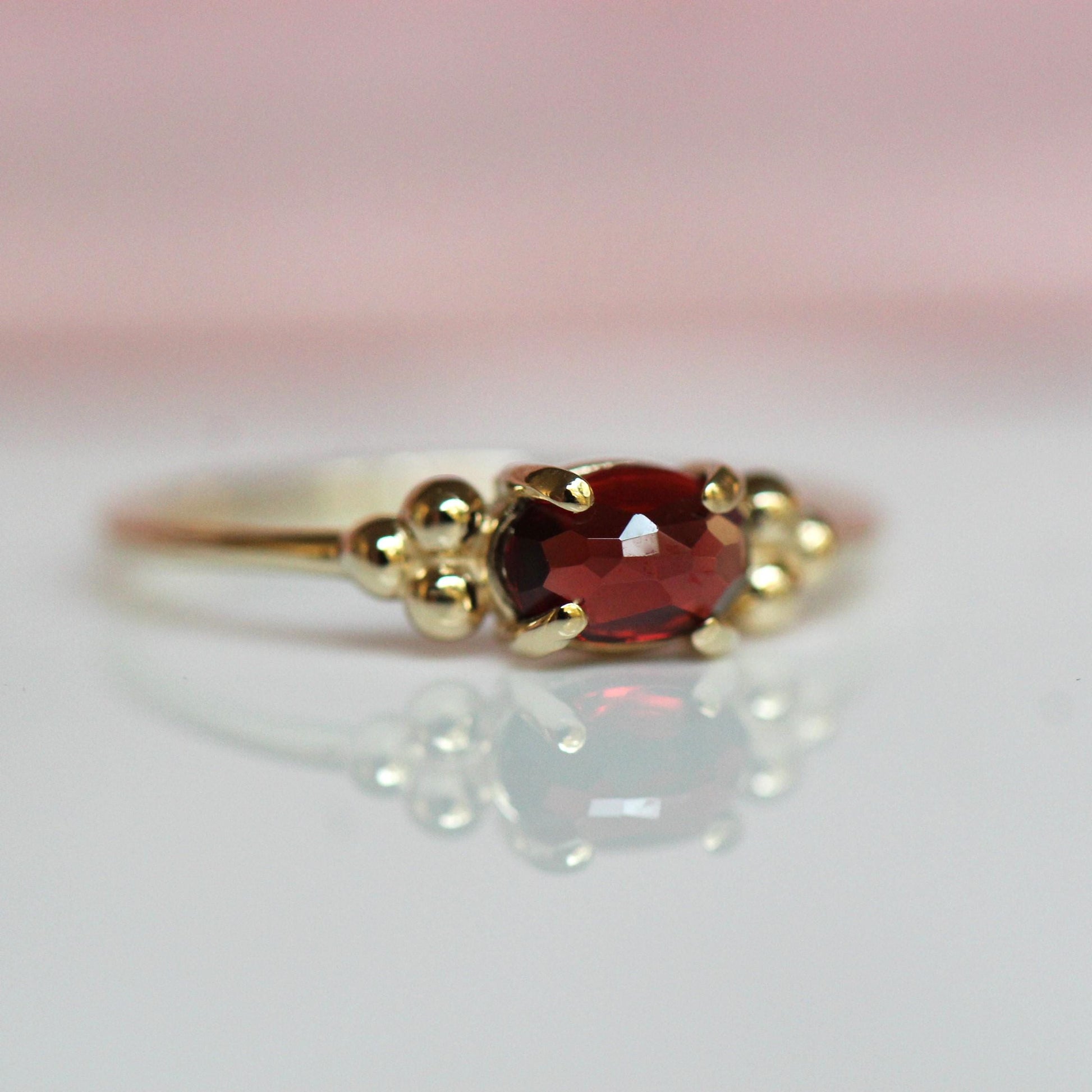 14K Triple Bead Garnet Ring, Oval Garnet, Gemstone Ring, January Birthstone, Red Stone, Accented Ring, Oval Gemstone, 10K, Rose-cut