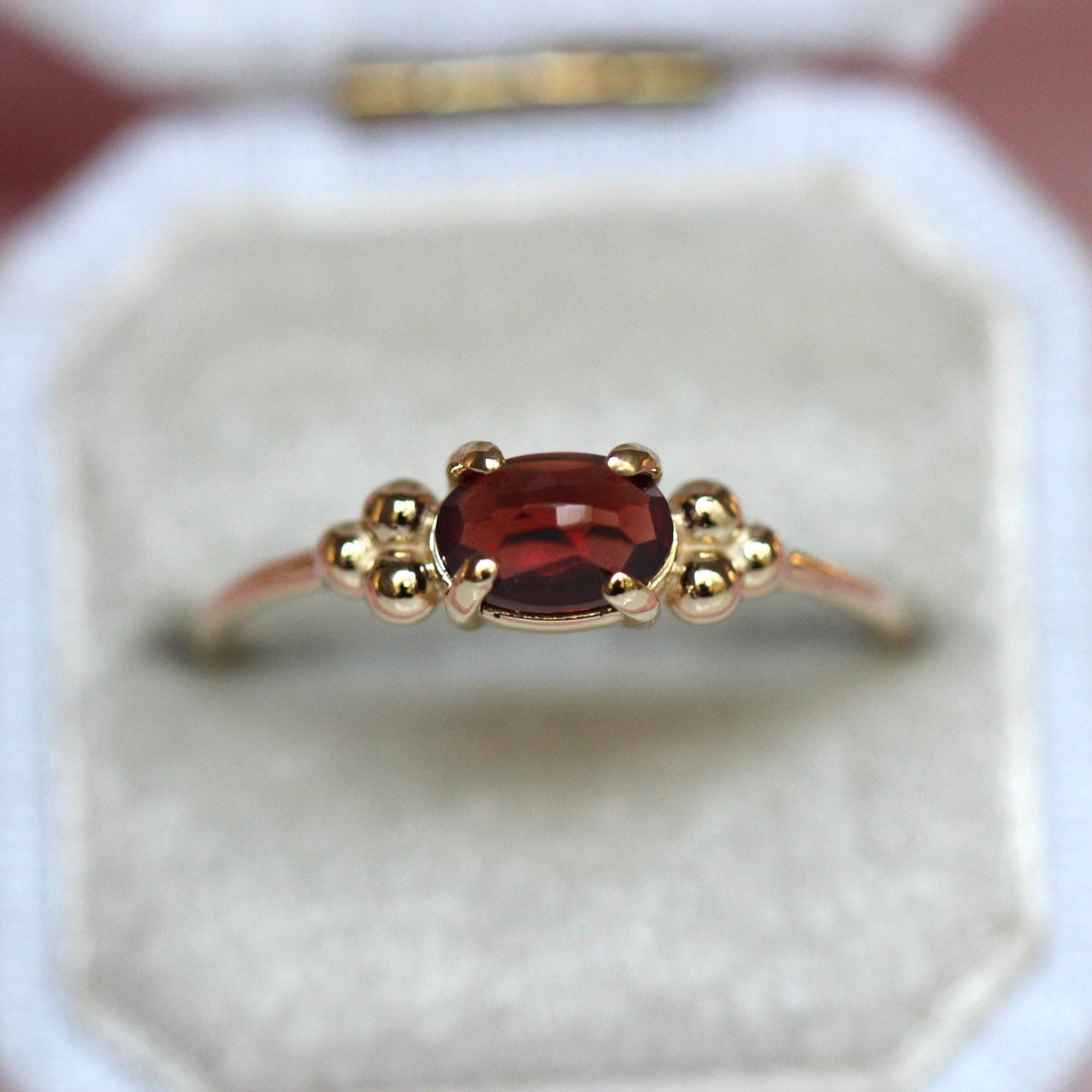14K Triple Bead Garnet Ring, Oval Garnet, Gemstone Ring, January Birthstone, Red Stone, Accented Ring, Oval Gemstone, 10K, Rose-cut