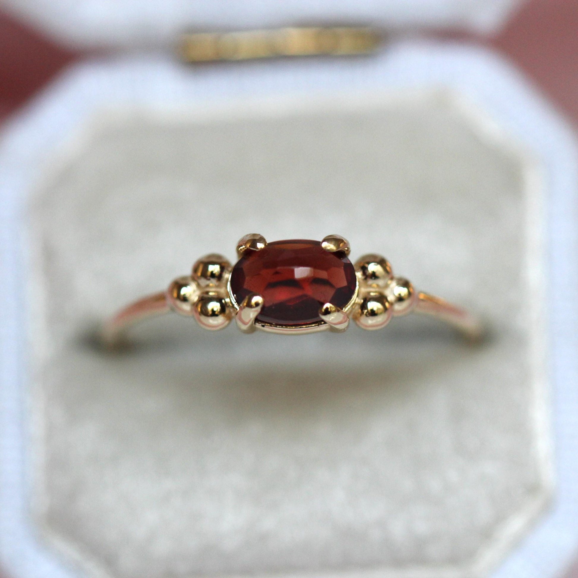 14K Triple Bead Garnet Ring, Oval Garnet, Gemstone Ring, January Birthstone, Red Stone, Accented Ring, Oval Gemstone, 10K, Rose-cut