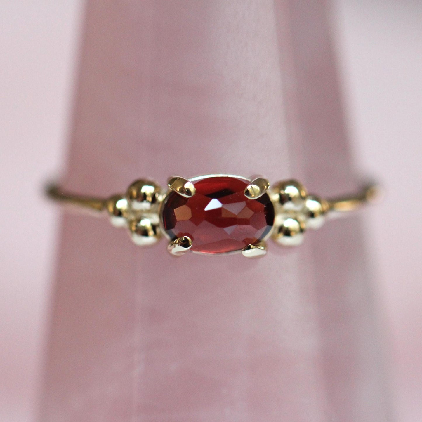 14K Triple Bead Garnet Ring, Oval Garnet, Gemstone Ring, January Birthstone, Red Stone, Accented Ring, Oval Gemstone, 10K, Rose-cut
