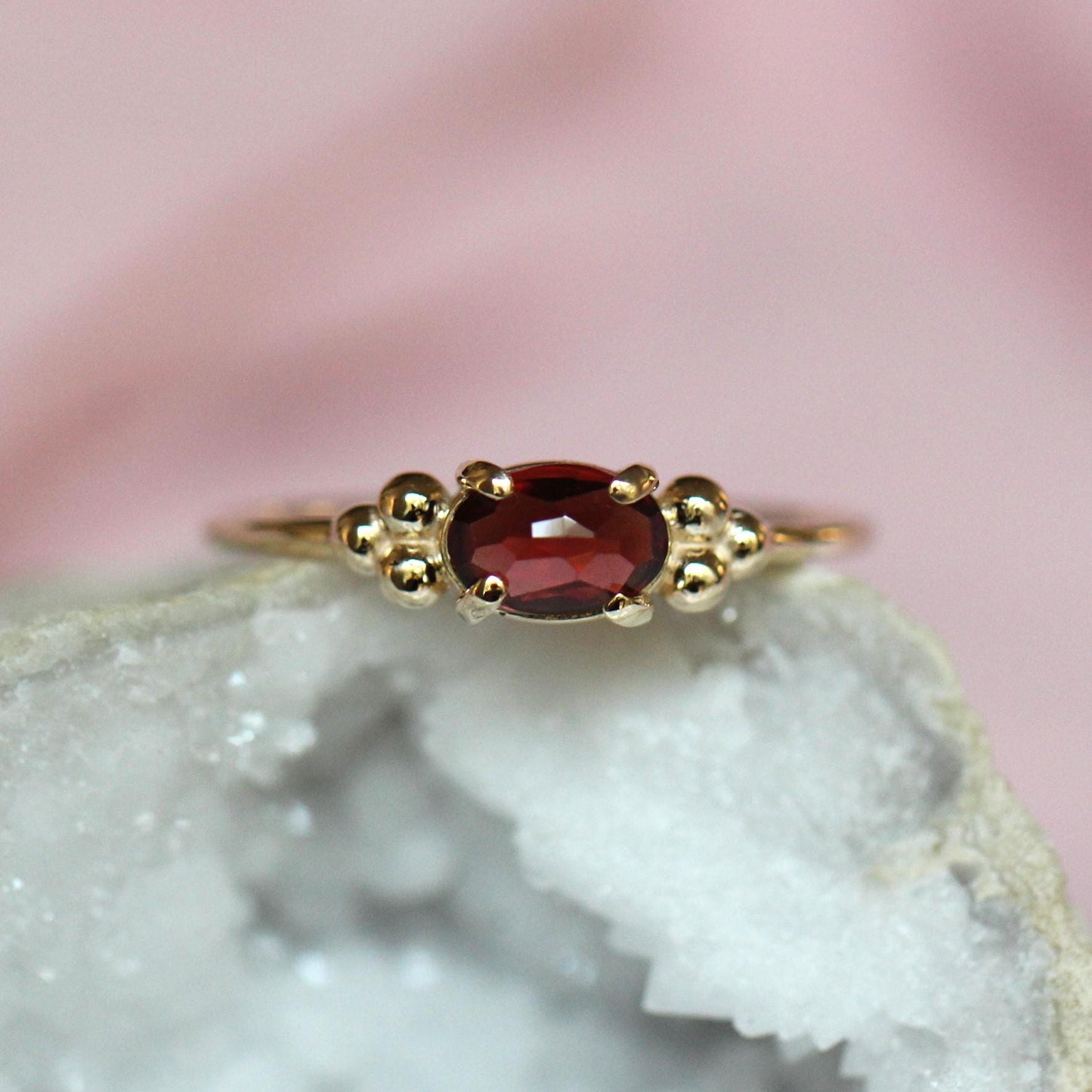 14K Triple Bead Garnet Ring, Oval Garnet, Gemstone Ring, January Birthstone, Red Stone, Accented Ring, Oval Gemstone, 10K, Rose-cut