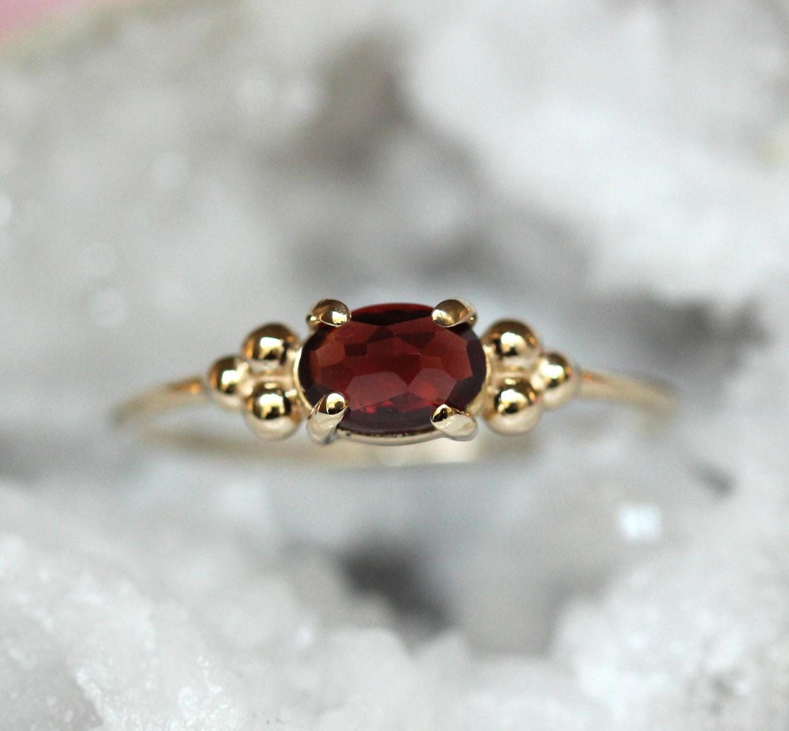14K Triple Bead Garnet Ring, Oval Garnet, Gemstone Ring, January Birthstone, Red Stone, Accented Ring, Oval Gemstone, 10K, Rose-cut