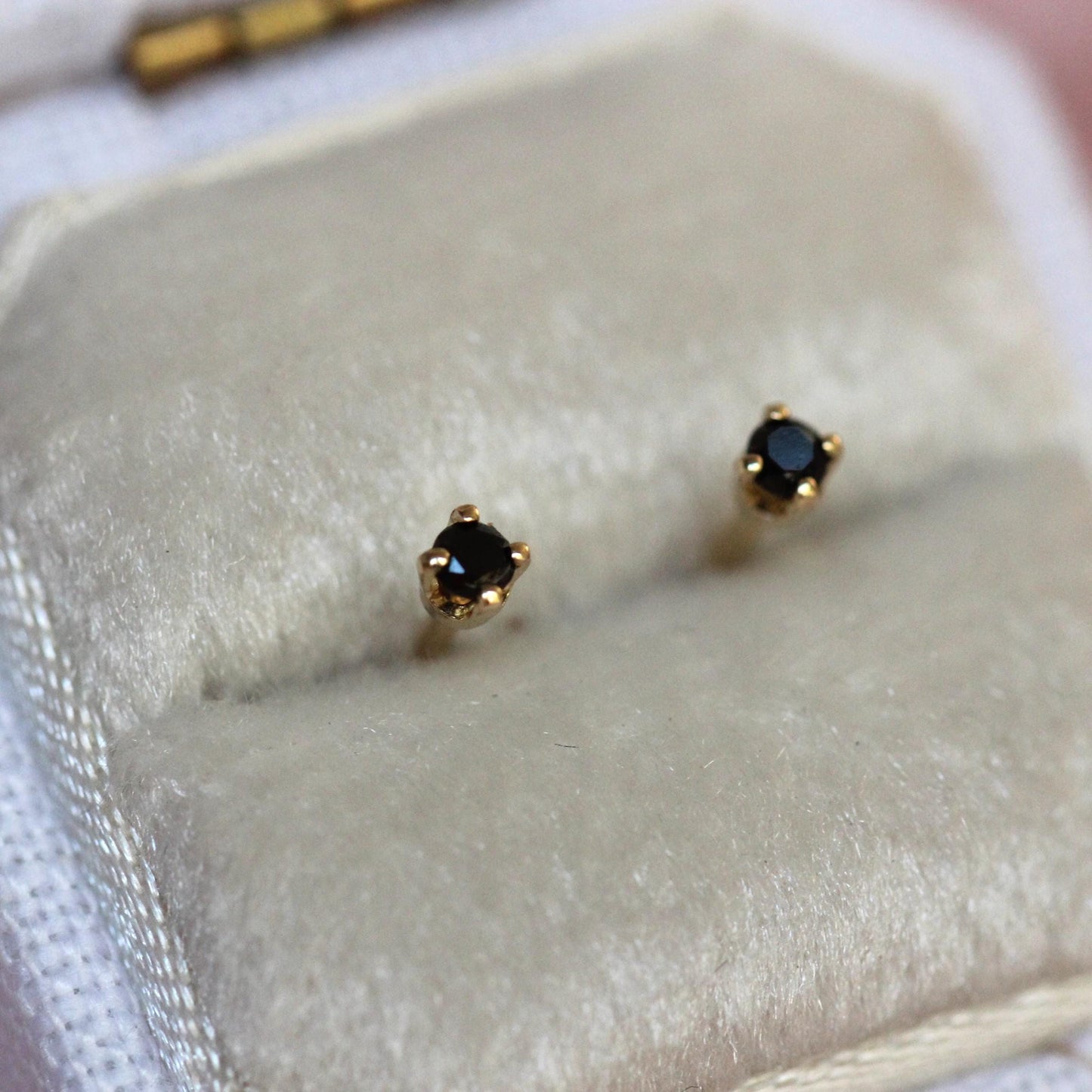 14K Gold Tiny Black Diamond Studs, Black Diamond, Black Stone, Tiny Earrings, Solid Gold, Gold Stud, Real Gold, Post Studs. Four Prong