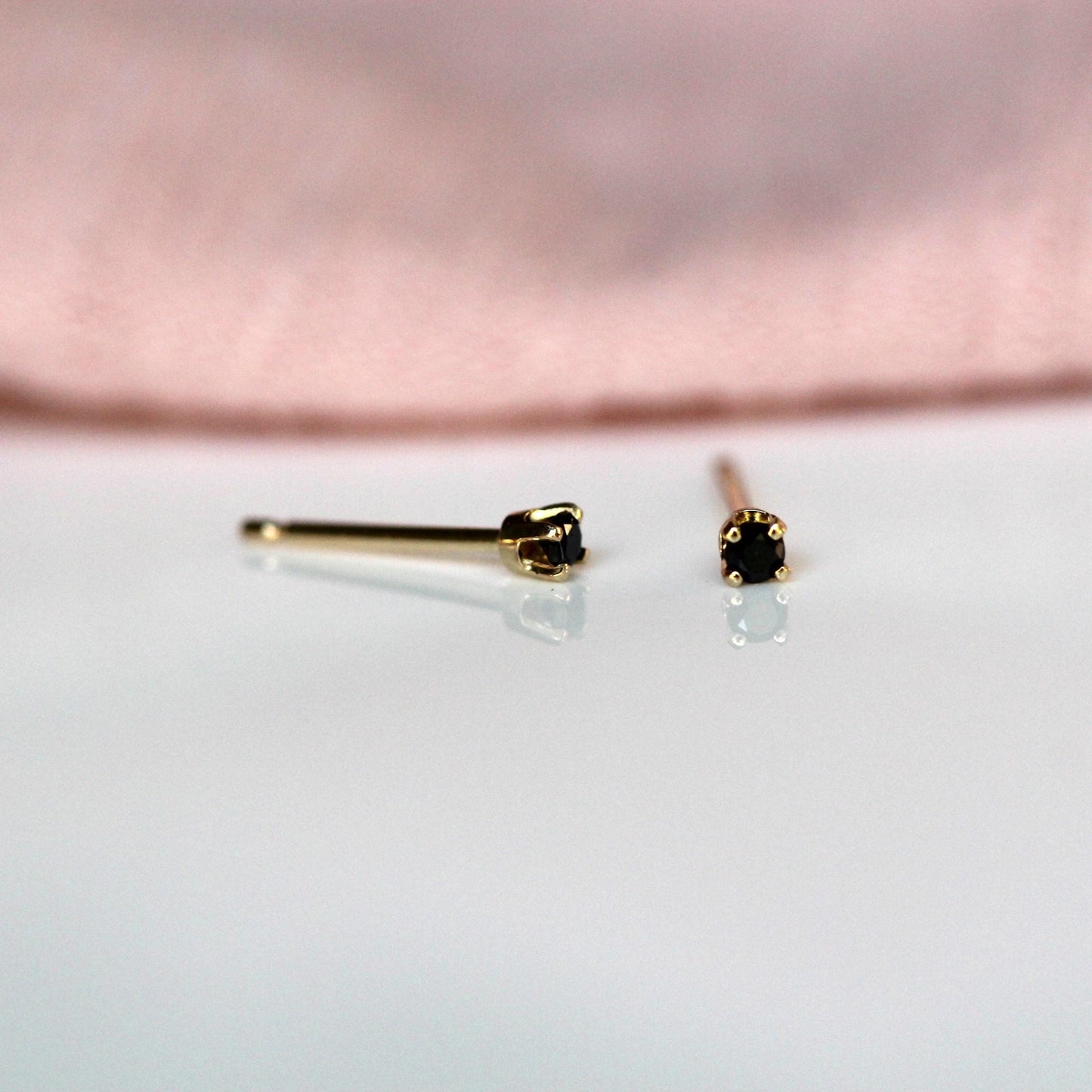 14K Gold Tiny Black Diamond Studs, Black Diamond, Black Stone, Tiny Earrings, Solid Gold, Gold Stud, Real Gold, Post Studs. Four Prong