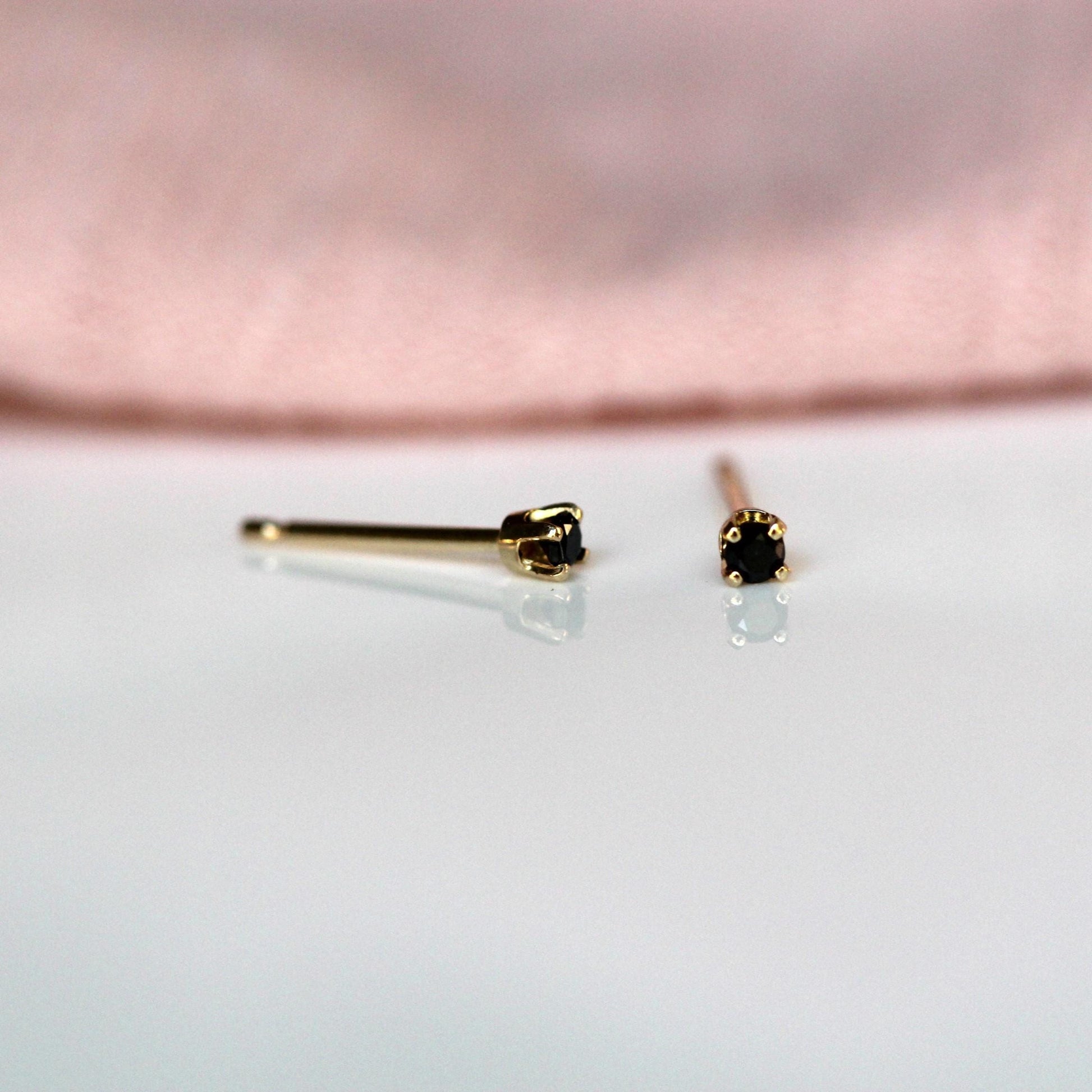 14K Gold Tiny Black Diamond Studs, Black Diamond, Black Stone, Tiny Earrings, Solid Gold, Gold Stud, Real Gold, Post Studs. Four Prong