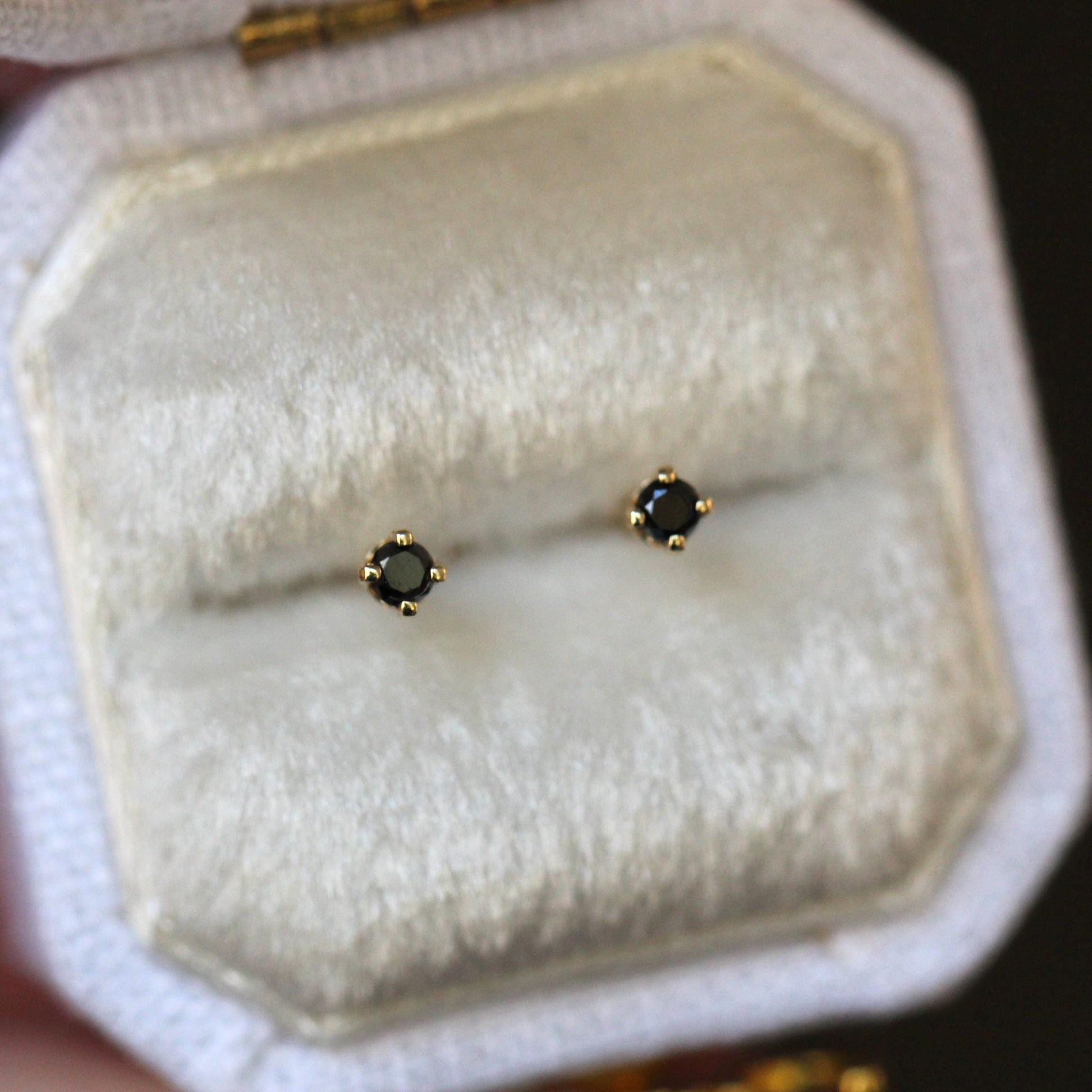 14K Gold Tiny Black Diamond Studs, Black Diamond, Black Stone, Tiny Earrings, Solid Gold, Gold Stud, Real Gold, Post Studs. Four Prong