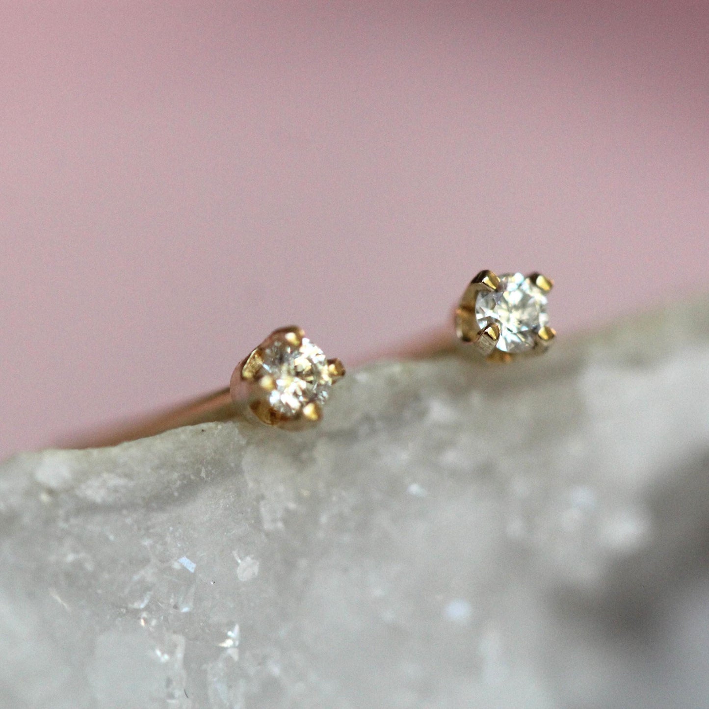 14K Gold Tiny Diamond Studs, Diamond Studs, Second Hole Studs, Dainty Studs, Solid Gold, Real Gold, Four Prong Stud, Minimal Jewelry