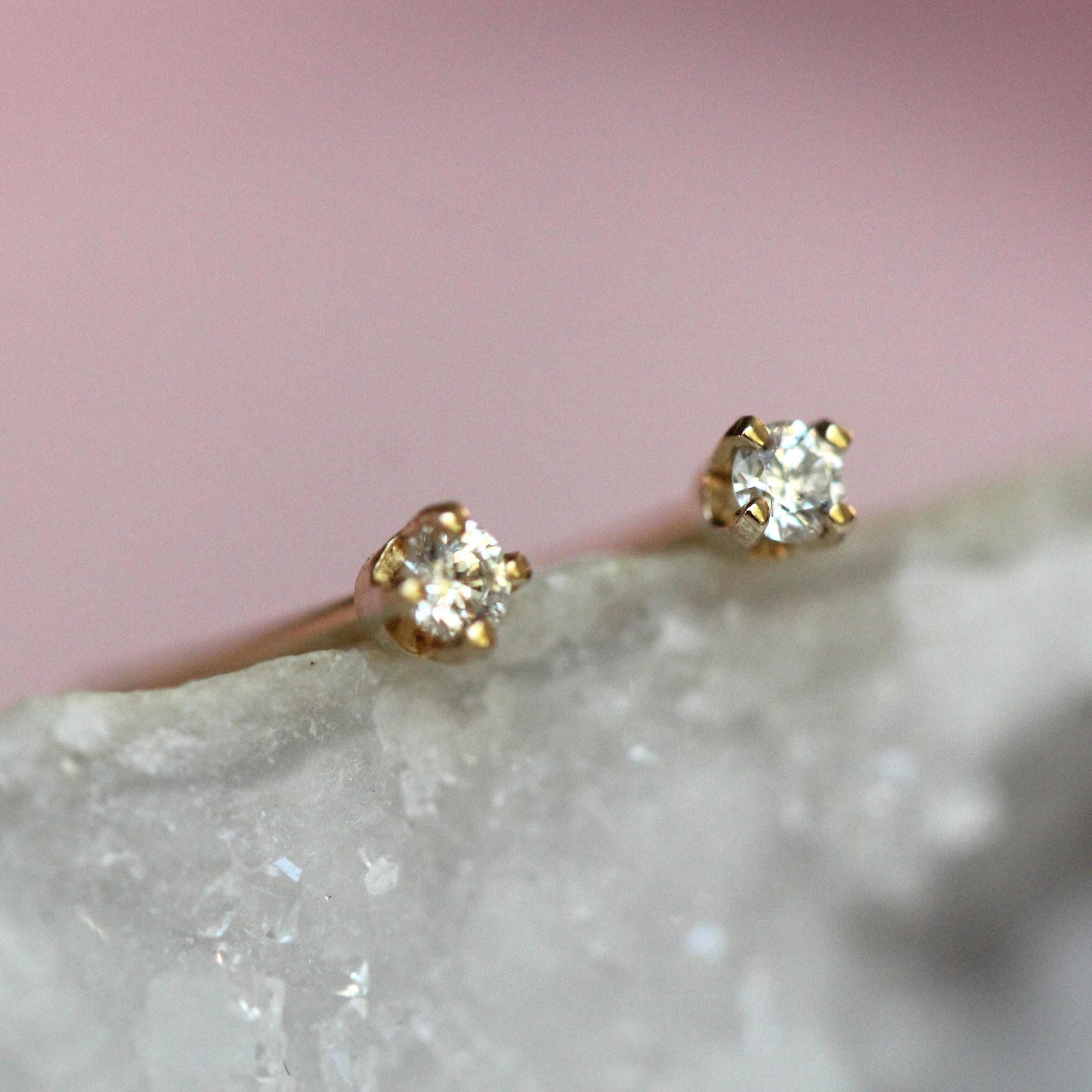 14K Gold Tiny Diamond Studs, Diamond Studs, Second Hole Studs, Dainty Studs, Solid Gold, Real Gold, Four Prong Stud, Minimal Jewelry