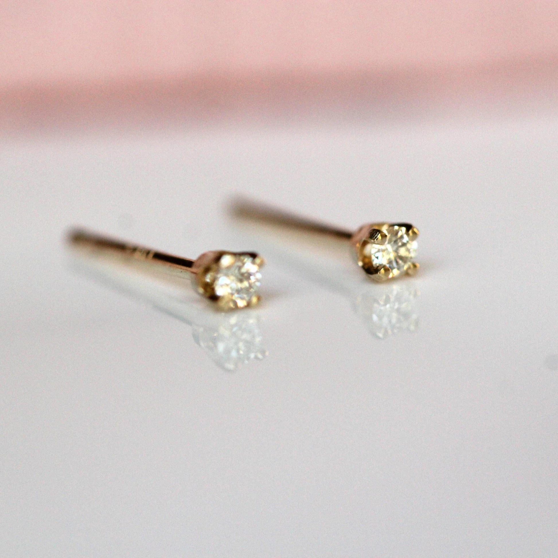 14K Gold Tiny Diamond Studs, Diamond Studs, Second Hole Studs, Dainty Studs, Solid Gold, Real Gold, Four Prong Stud, Minimal Jewelry