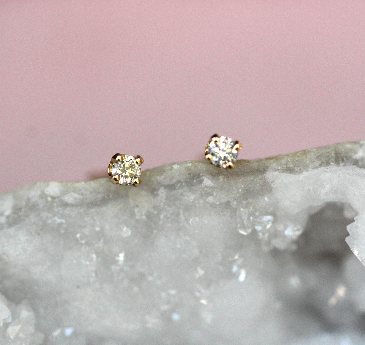 14K Gold Tiny Diamond Studs, Diamond Studs, Second Hole Studs, Dainty Studs, Solid Gold, Real Gold, Four Prong Stud, Minimal Jewelry