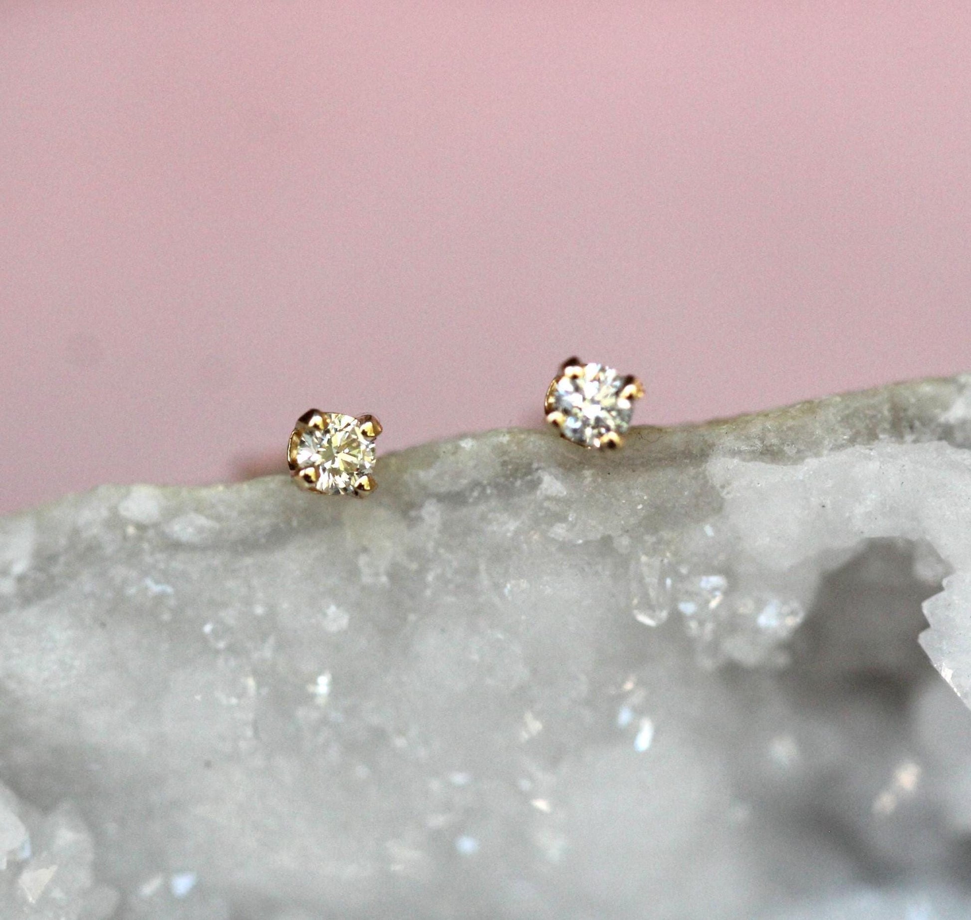 14K Gold Tiny Diamond Studs, Diamond Studs, Second Hole Studs, Dainty Studs, Solid Gold, Real Gold, Four Prong Stud, Minimal Jewelry