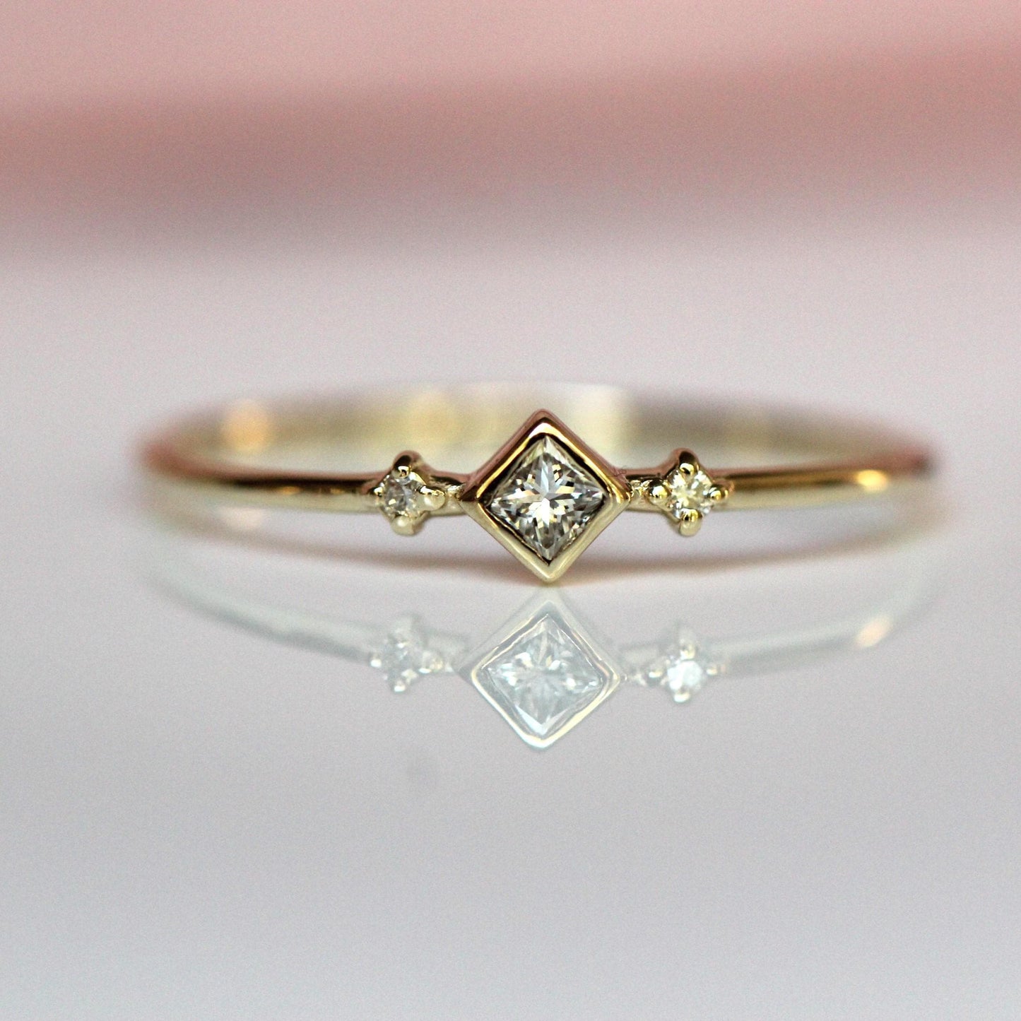 14K Diamond Princess Ring, Square Diamond Ring, Dainty Engagement Ring, Bezel Setting, Simplistic Ring, Three Stone Ring, Princess Cut
