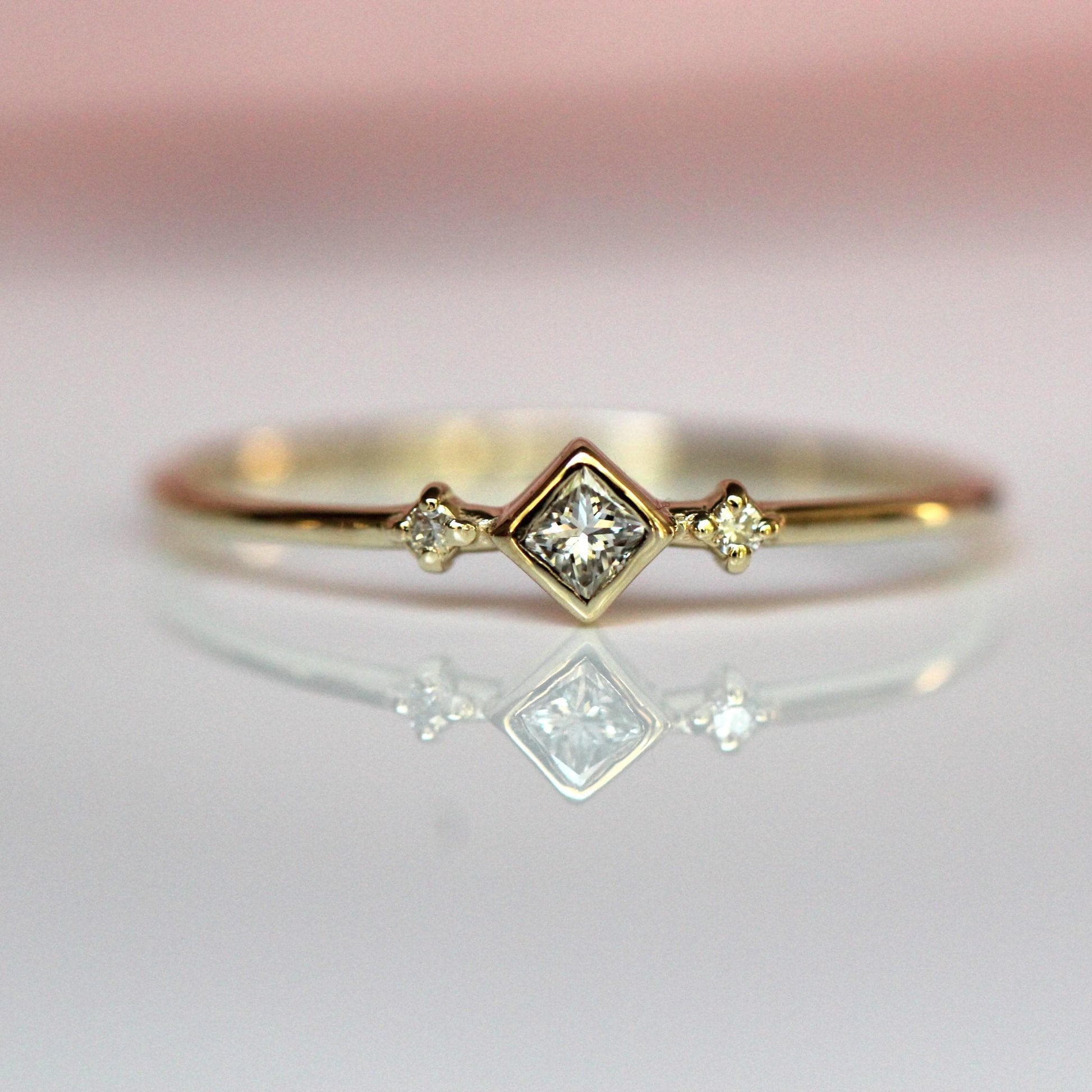 14K Diamond Princess Ring, Square Diamond Ring, Dainty Engagement Ring, Bezel Setting, Simplistic Ring, Three Stone Ring, Princess Cut