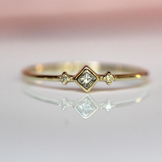 14K Diamond Princess Ring, Square Diamond Ring, Dainty Engagement Ring, Bezel Setting, Simplistic Ring, Three Stone Ring, Princess Cut