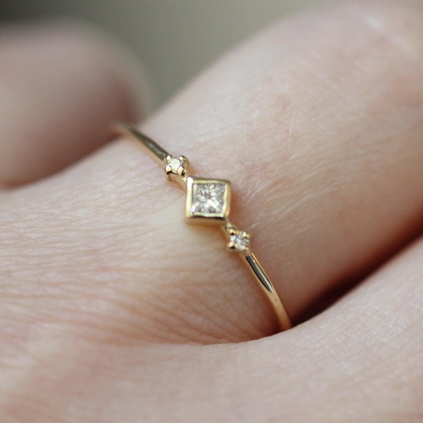 14K Diamond Princess Ring, Square Diamond Ring, Dainty Engagement Ring, Bezel Setting, Simplistic Ring, Three Stone Ring, Princess Cut