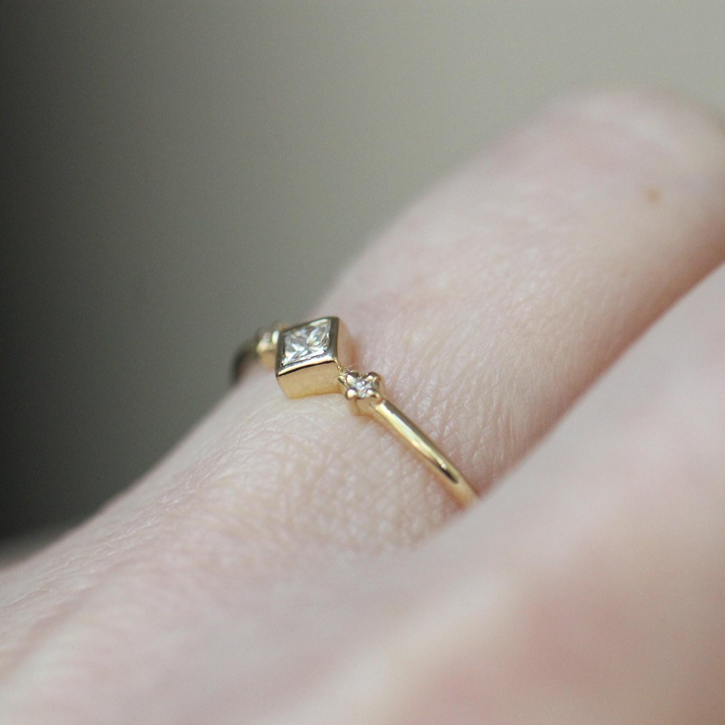 14K Diamond Princess Ring, Square Diamond Ring, Dainty Engagement Ring, Bezel Setting, Simplistic Ring, Three Stone Ring, Princess Cut
