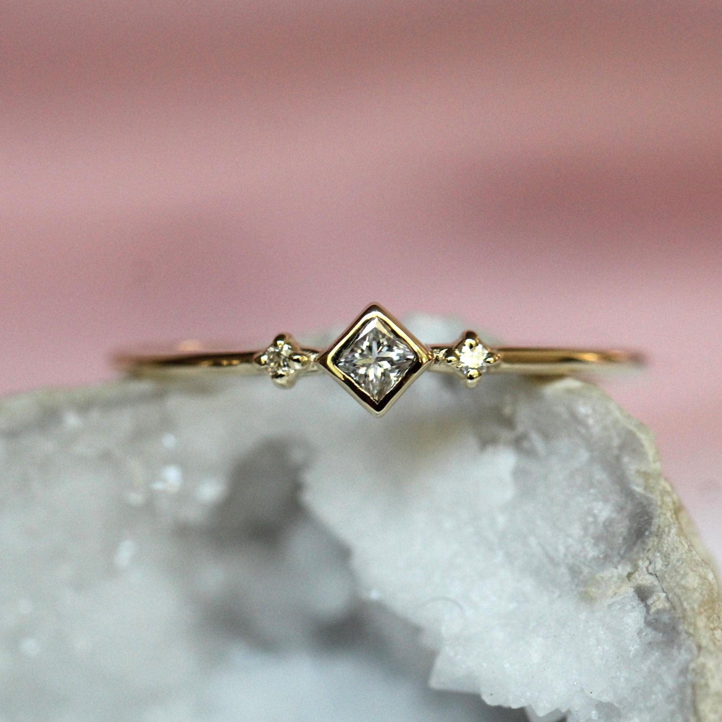 14K Diamond Princess Ring, Square Diamond Ring, Dainty Engagement Ring, Bezel Setting, Simplistic Ring, Three Stone Ring, Princess Cut