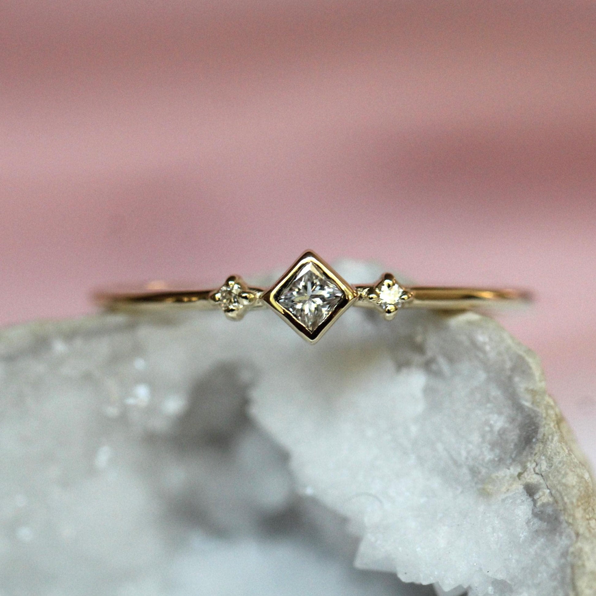 14K Diamond Princess Ring, Square Diamond Ring, Dainty Engagement Ring, Bezel Setting, Simplistic Ring, Three Stone Ring, Princess Cut