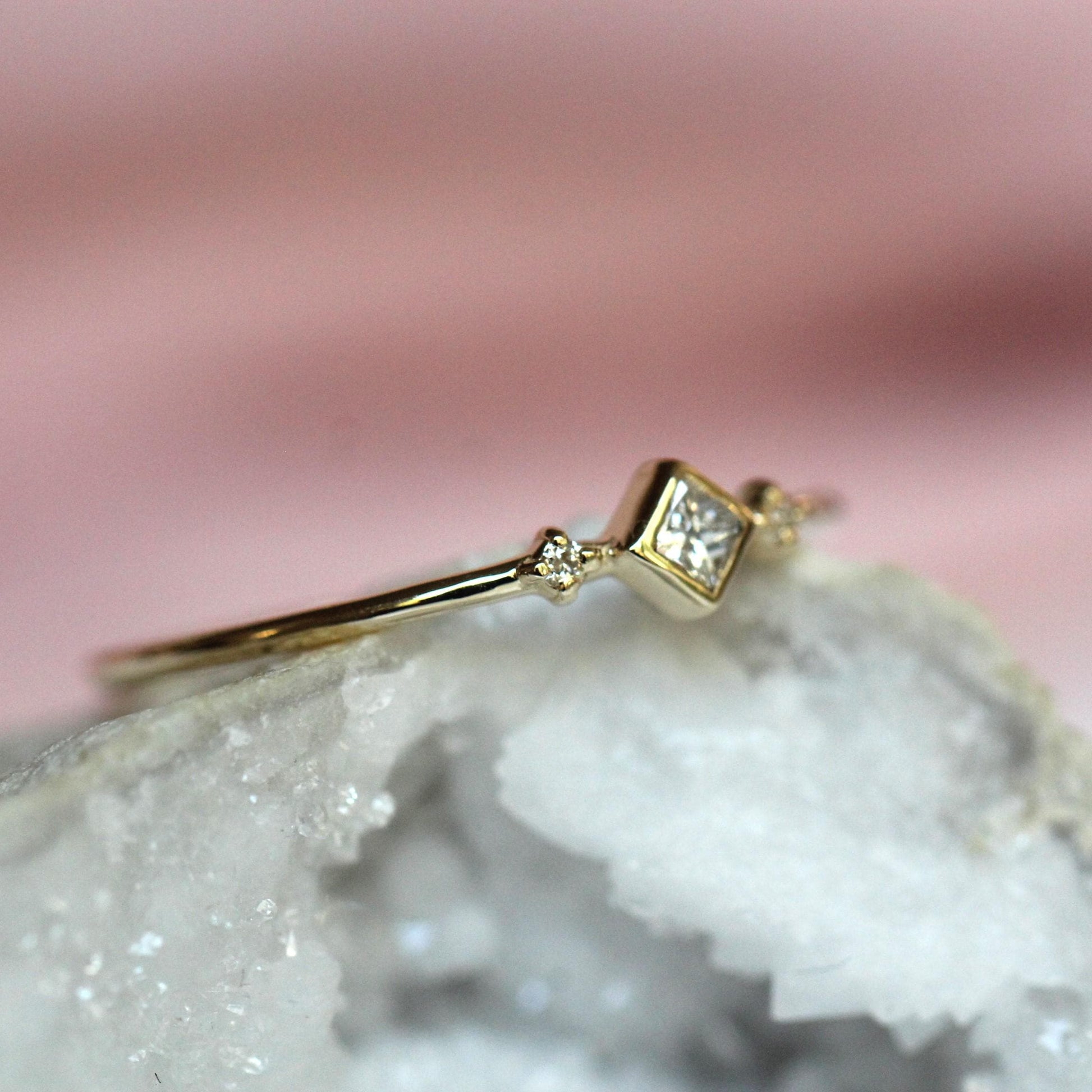 14K Diamond Princess Ring, Square Diamond Ring, Dainty Engagement Ring, Bezel Setting, Simplistic Ring, Three Stone Ring, Princess Cut