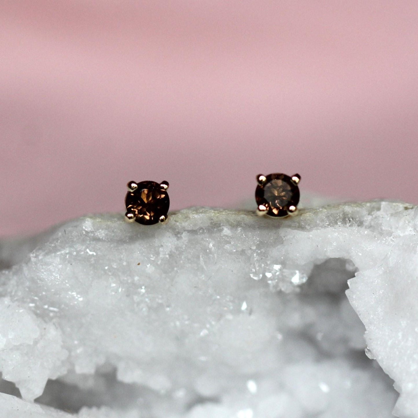 14K 3mm Smokey Quartz Studs, Brown Stone Studs, Quartz Earrings, Post Studs, Solid gold, Prong Setting, Everyday Wear, Real Gold
