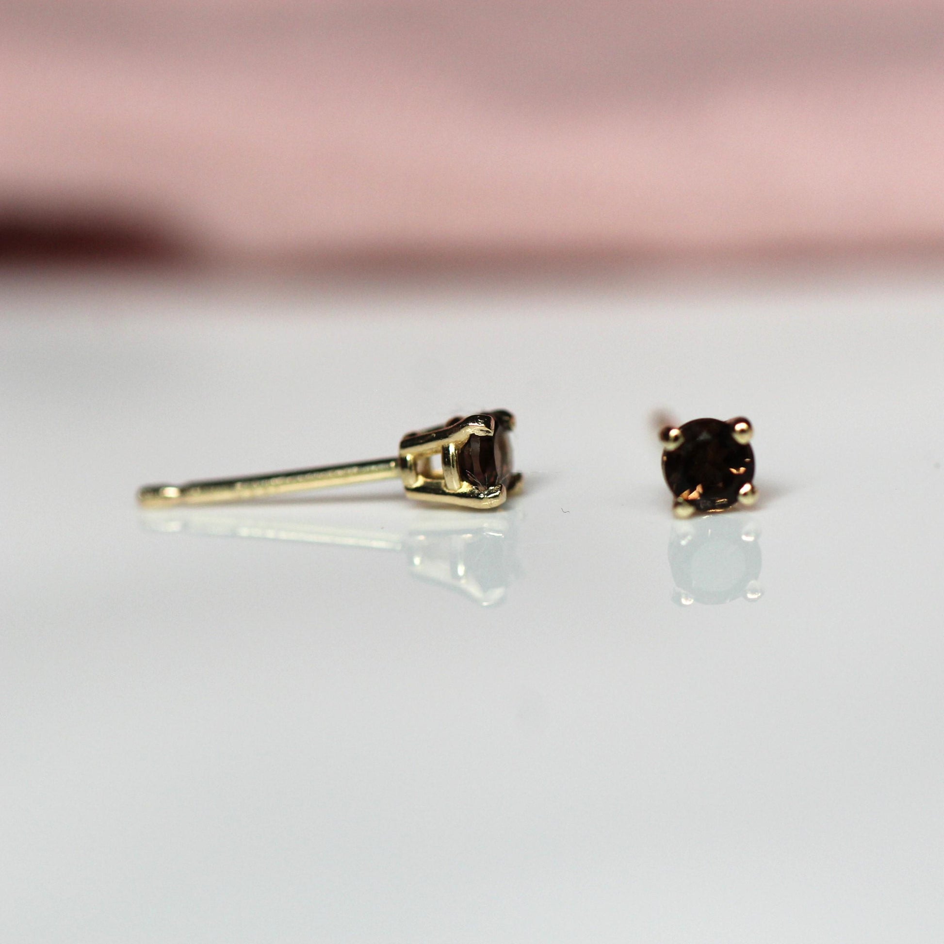 14K 3mm Smokey Quartz Studs, Brown Stone Studs, Quartz Earrings, Post Studs, Solid gold, Prong Setting, Everyday Wear, Real Gold