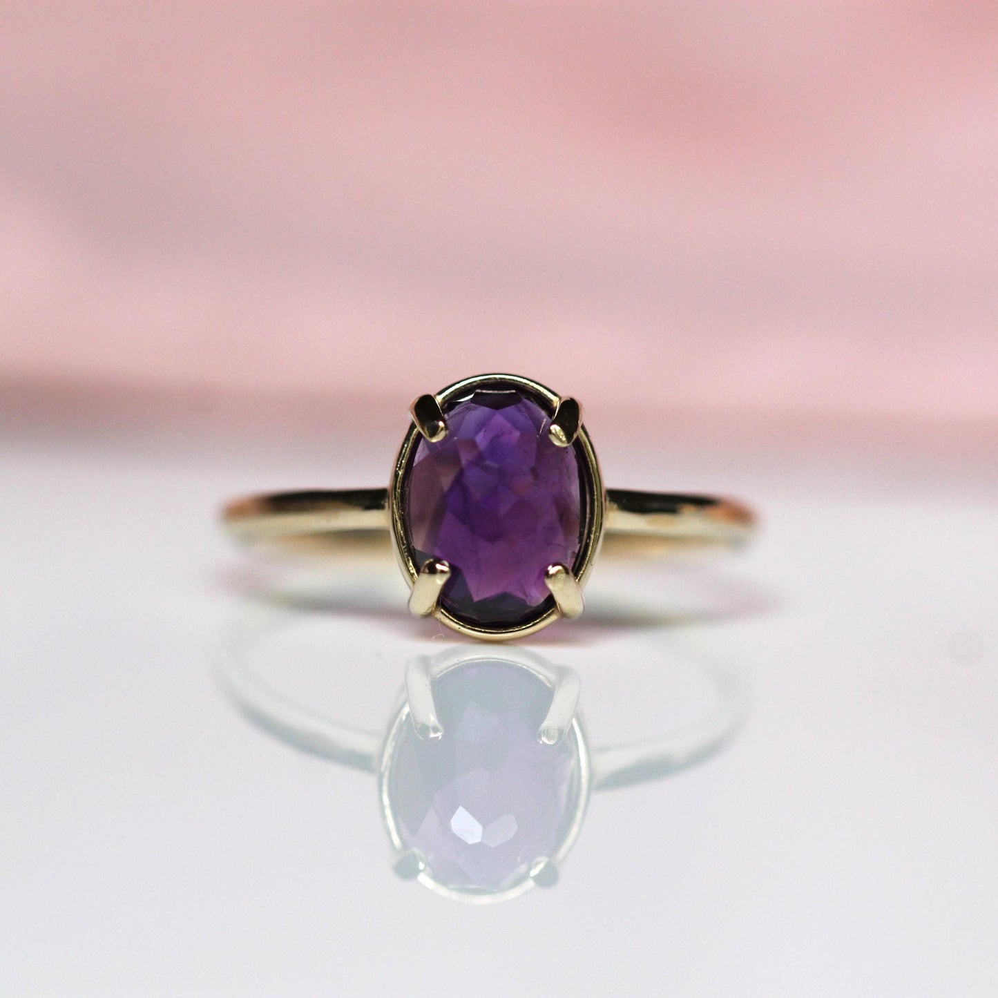 14K Gold Amethyst Statement Ring, Rose-cut Oval Stone Ring, Purple Stone Ring, Solitaire Ring, Gemstone Stone, February Birthstone, 10K Gold