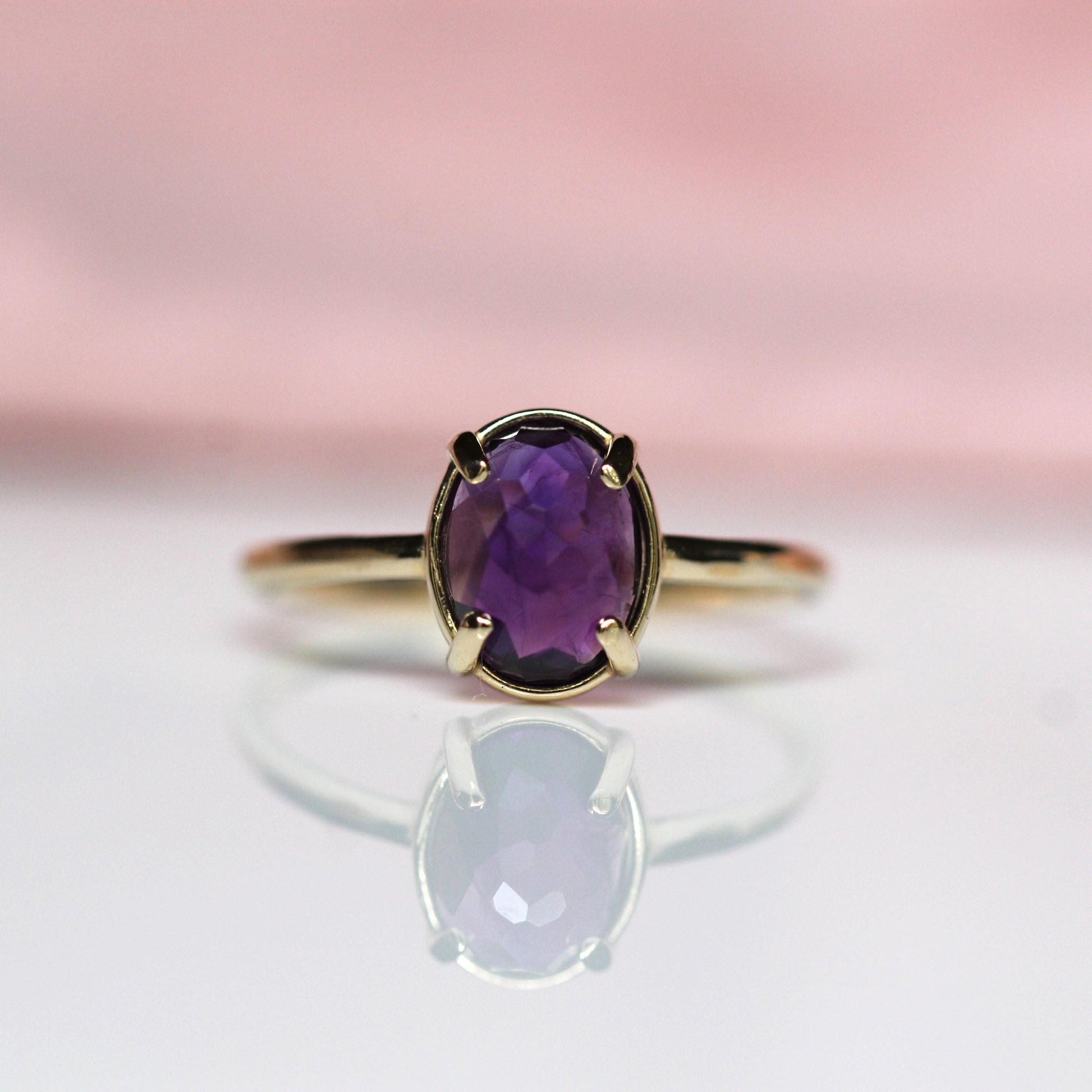 14K Gold Amethyst Statement Ring, Rose-cut Oval Stone Ring, Purple Stone Ring, Solitaire Ring, Gemstone Stone, February Birthstone, 10K Gold