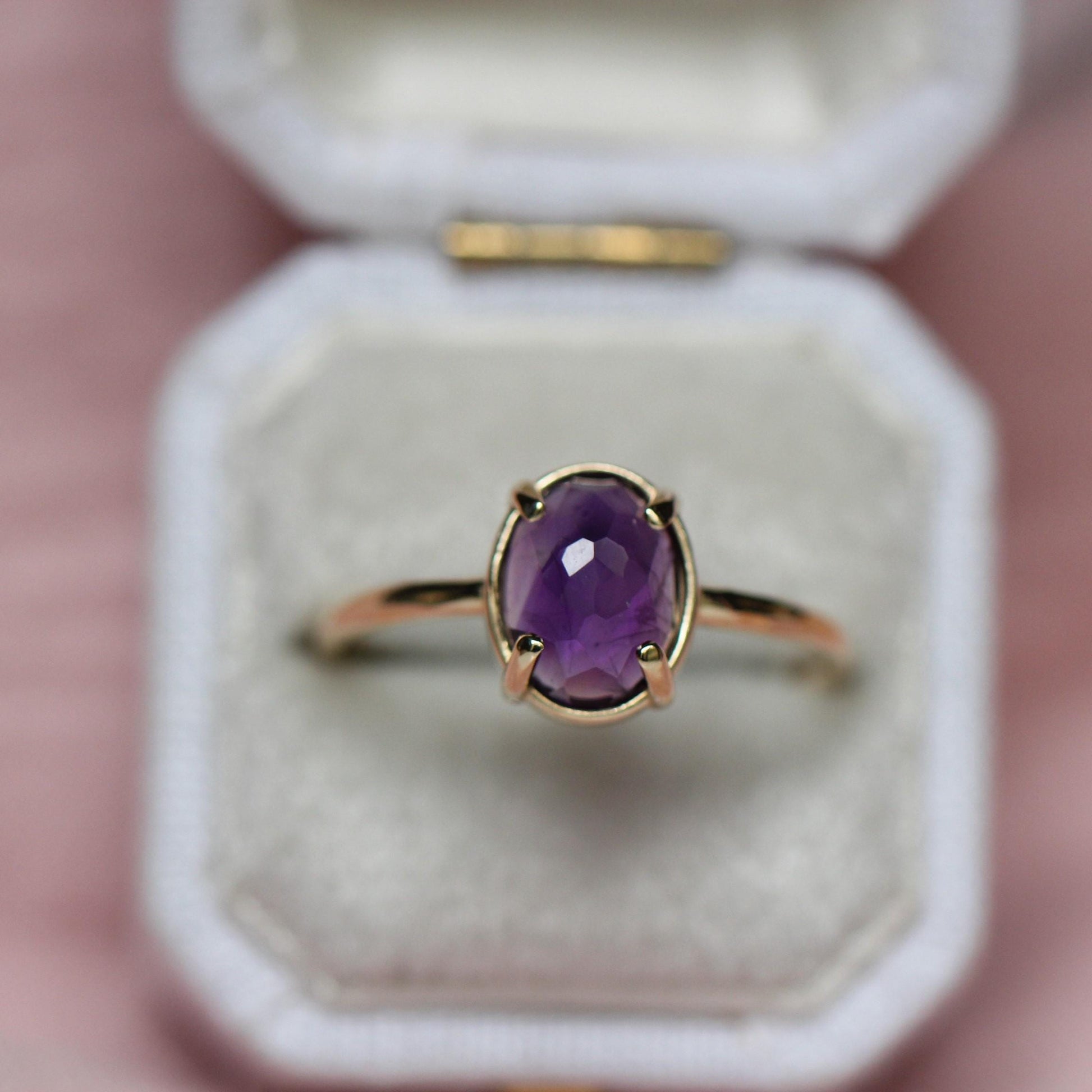 14K Gold Amethyst Statement Ring, Rose-cut Oval Stone Ring, Purple Stone Ring, Solitaire Ring, Gemstone Stone, February Birthstone, 10K Gold
