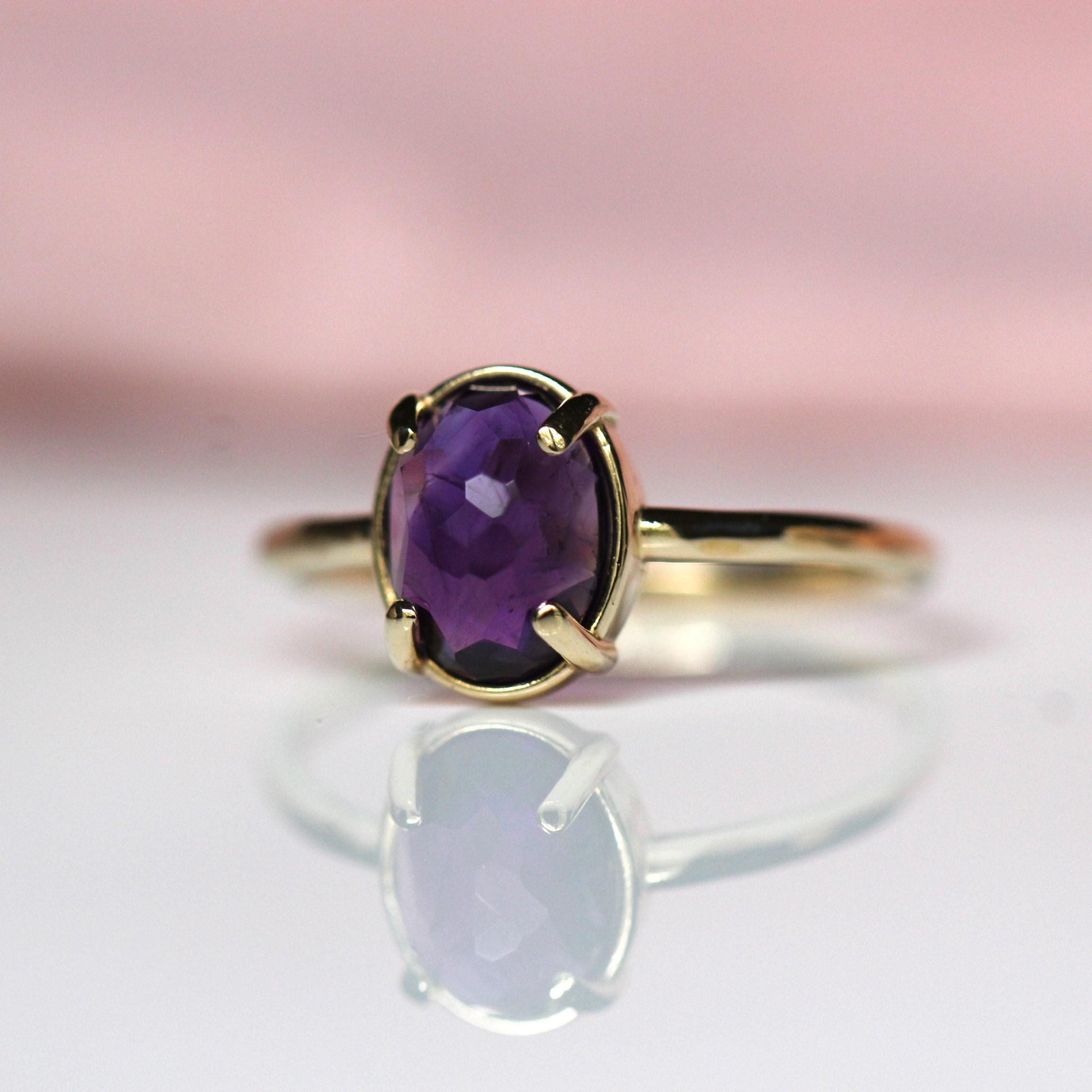 14K Gold Amethyst Statement Ring, Rose-cut Oval Stone Ring, Purple Stone Ring, Solitaire Ring, Gemstone Stone, February Birthstone, 10K Gold
