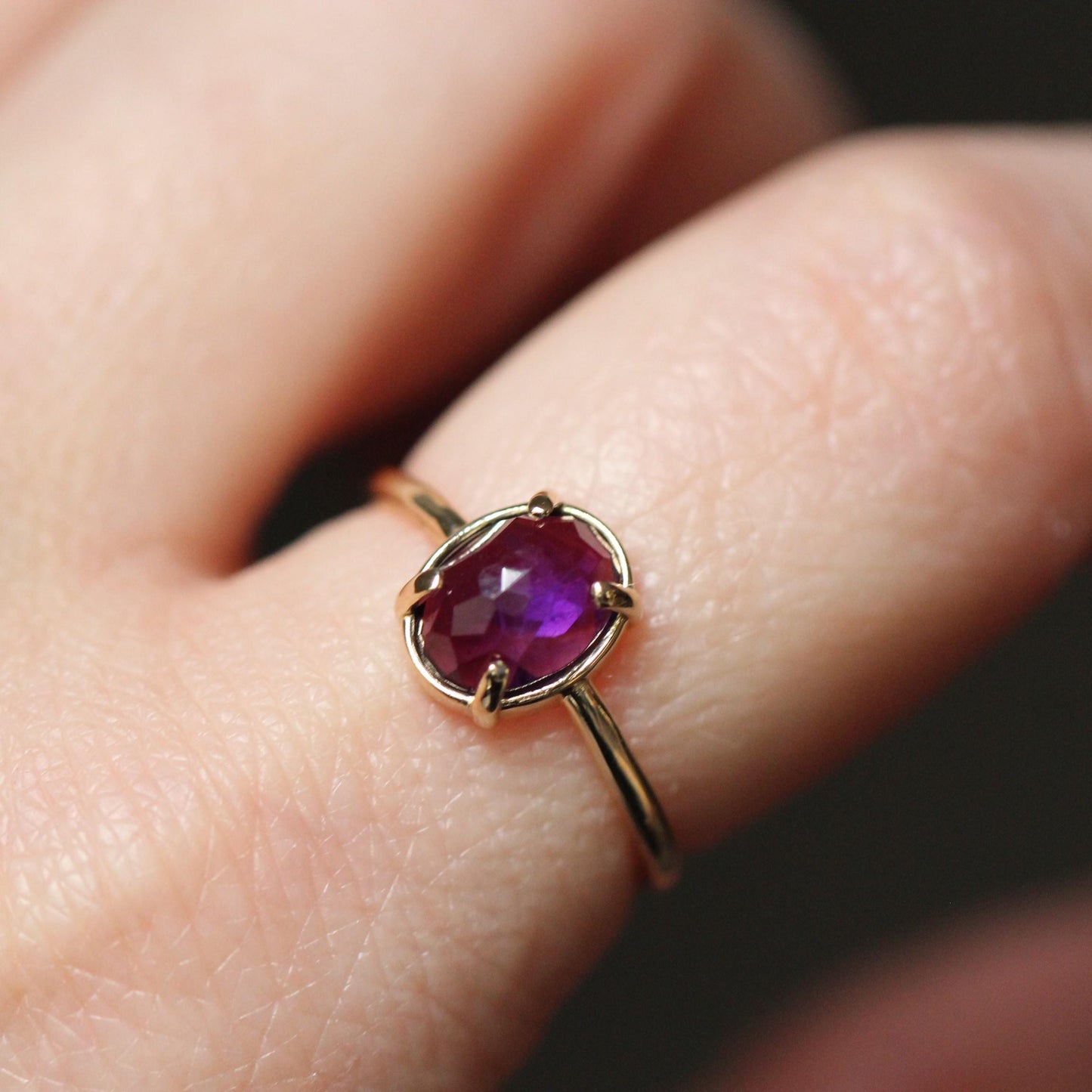14K Gold Amethyst Statement Ring, Rose-cut Oval Stone Ring, Purple Stone Ring, Solitaire Ring, Gemstone Stone, February Birthstone, 10K Gold