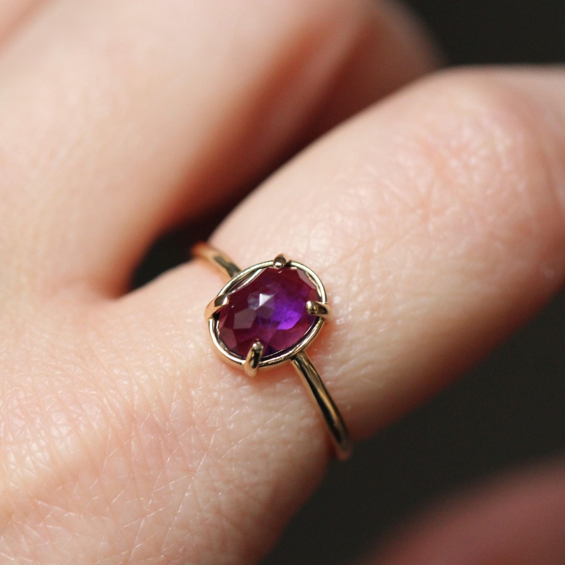 14K Gold Amethyst Statement Ring, Rose-cut Oval Stone Ring, Purple Stone Ring, Solitaire Ring, Gemstone Stone, February Birthstone, 10K Gold