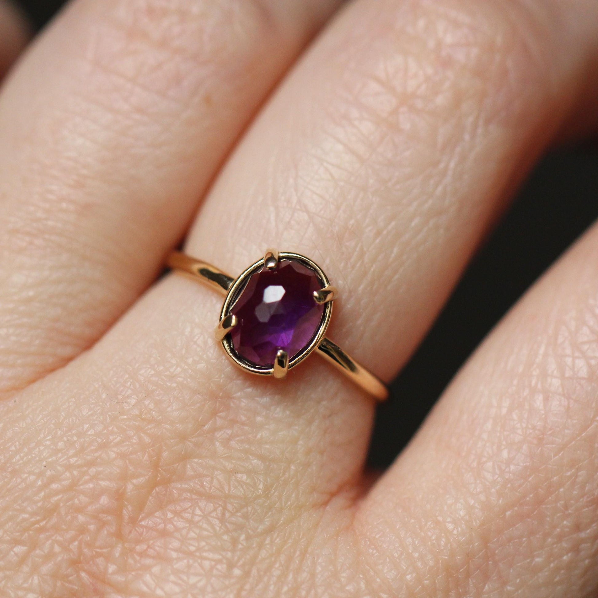 14K Gold Amethyst Statement Ring, Rose-cut Oval Stone Ring, Purple Stone Ring, Solitaire Ring, Gemstone Stone, February Birthstone, 10K Gold