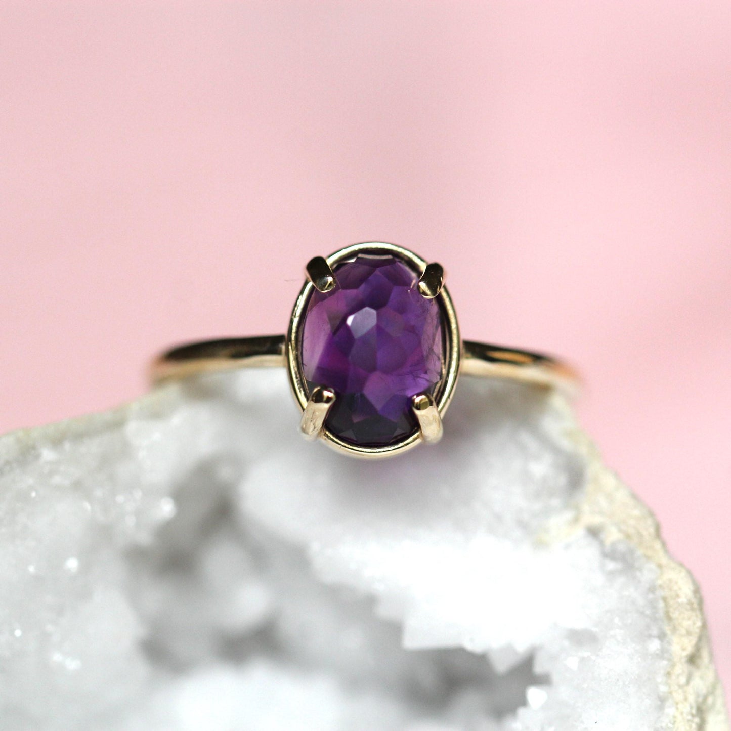 14K Gold Amethyst Statement Ring, Rose-cut Oval Stone Ring, Purple Stone Ring, Solitaire Ring, Gemstone Stone, February Birthstone, 10K Gold