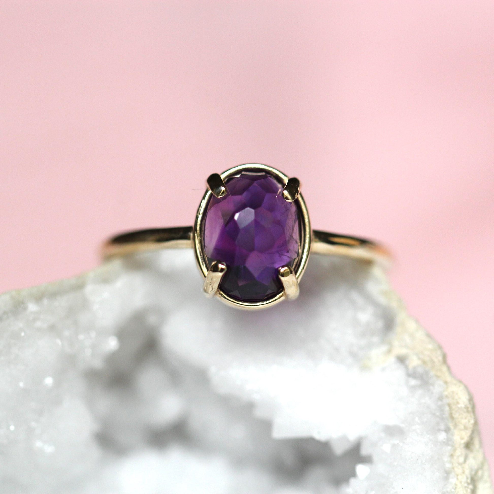 14K Gold Amethyst Statement Ring, Rose-cut Oval Stone Ring, Purple Stone Ring, Solitaire Ring, Gemstone Stone, February Birthstone, 10K Gold
