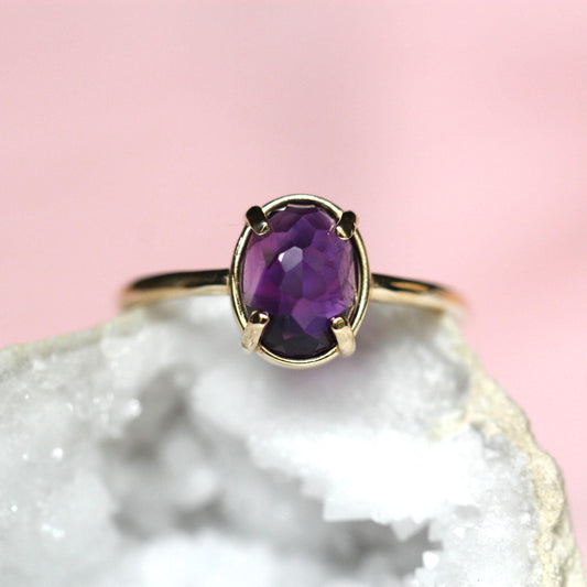 14K Gold Amethyst Statement Ring, Rose-cut Oval Stone Ring, Purple Stone Ring, Solitaire Ring, Gemstone Stone, February Birthstone, 10K Gold